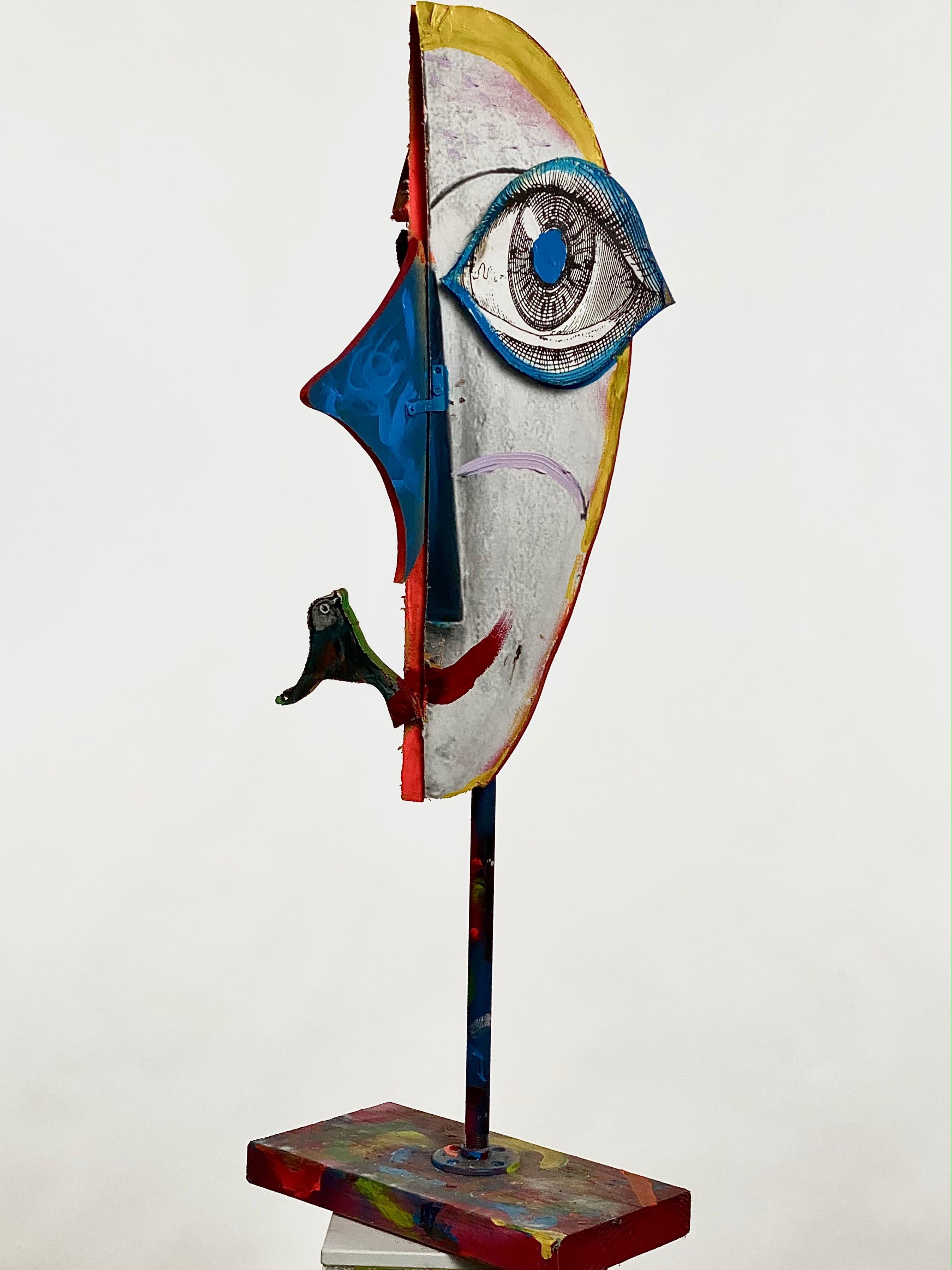 Metal Wood Collage Multicolor Sculptural Figure Face, 21st Century by Mattia Biagi For Sale