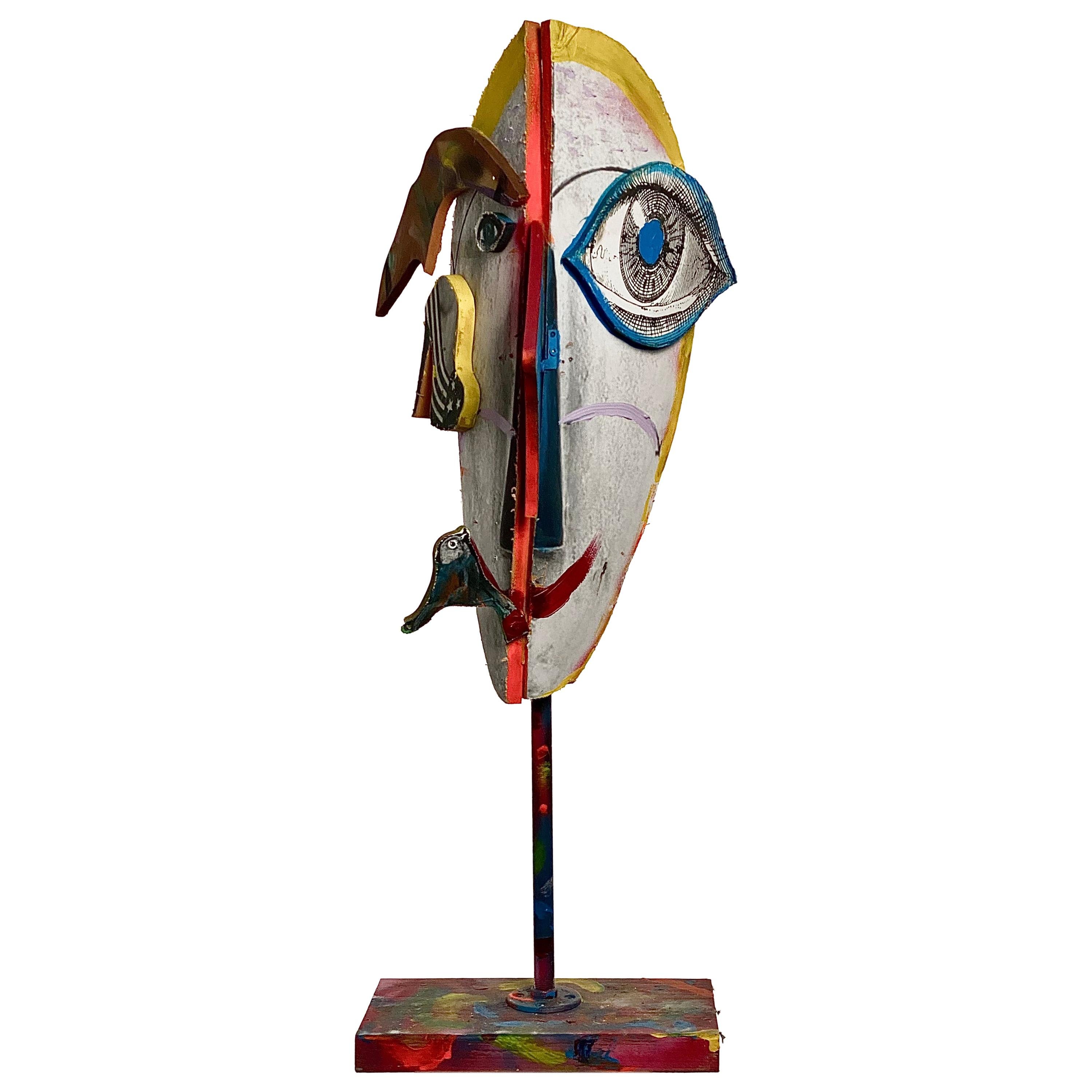 Wood Collage Multicolor Sculptural Figure Face, 21st Century by Mattia Biagi