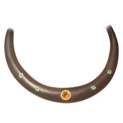 Wood Collar Necklace with Citrine, Emeralds & 14k Gold