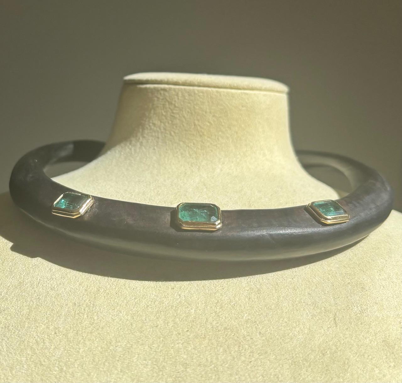 WOOD COLLAR NECKLACE with EMERALDS and 14k GOLD 5