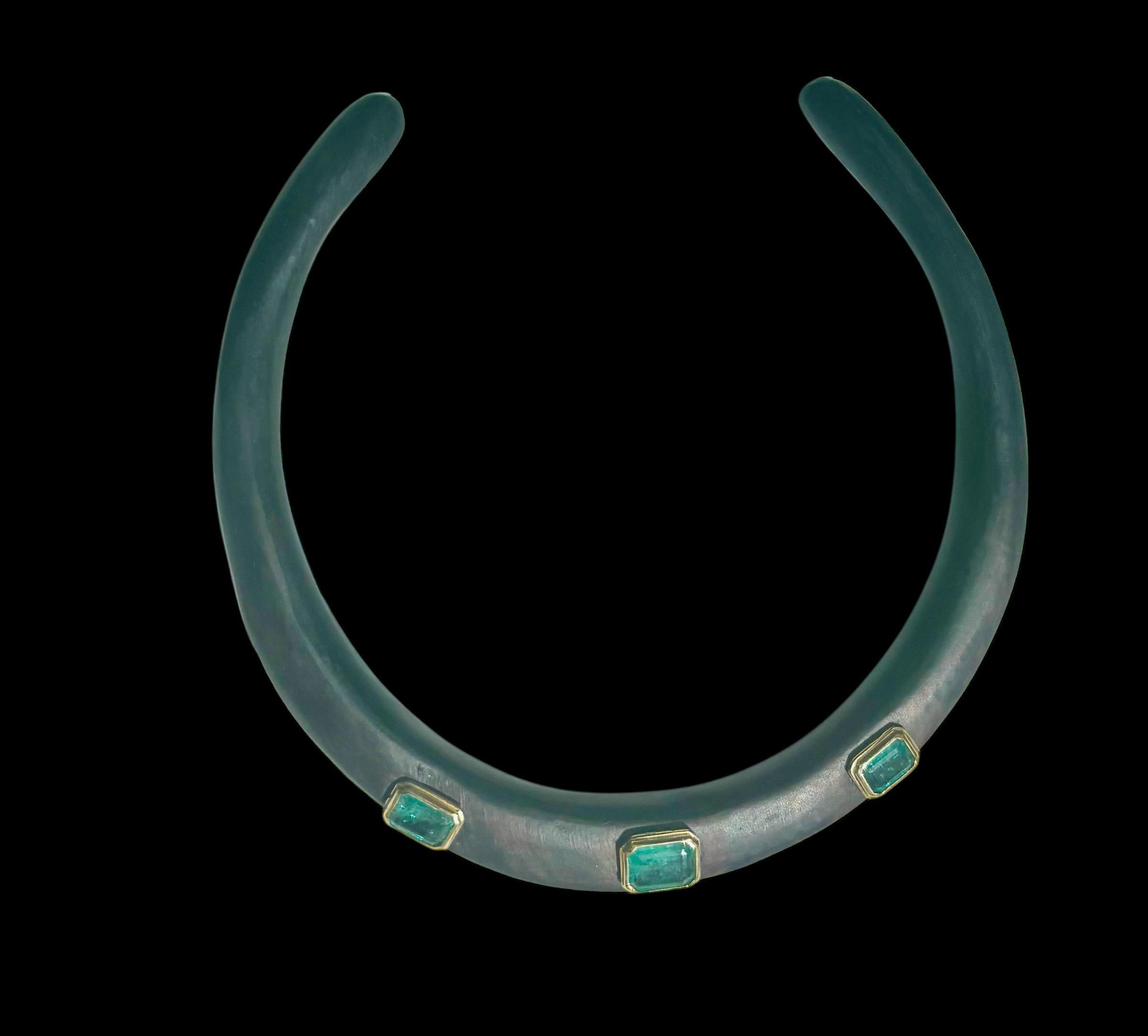 Emerald Cut WOOD COLLAR NECKLACE with EMERALDS and 14k GOLD