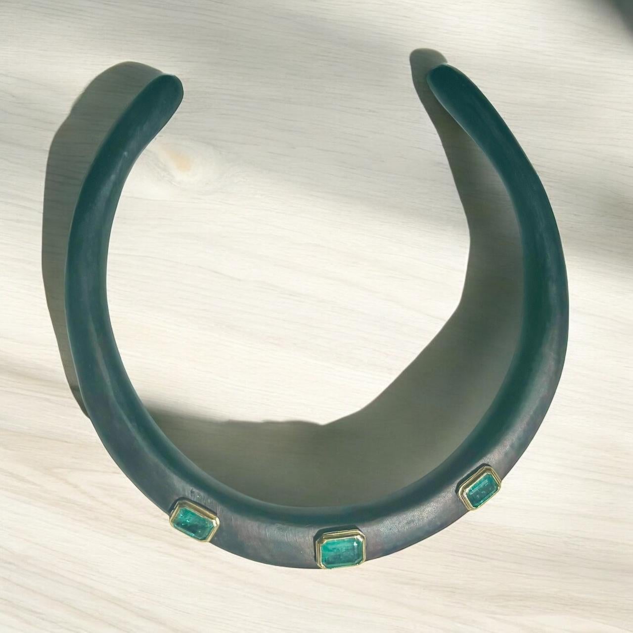 Women's or Men's WOOD COLLAR NECKLACE with EMERALDS and 14k GOLD