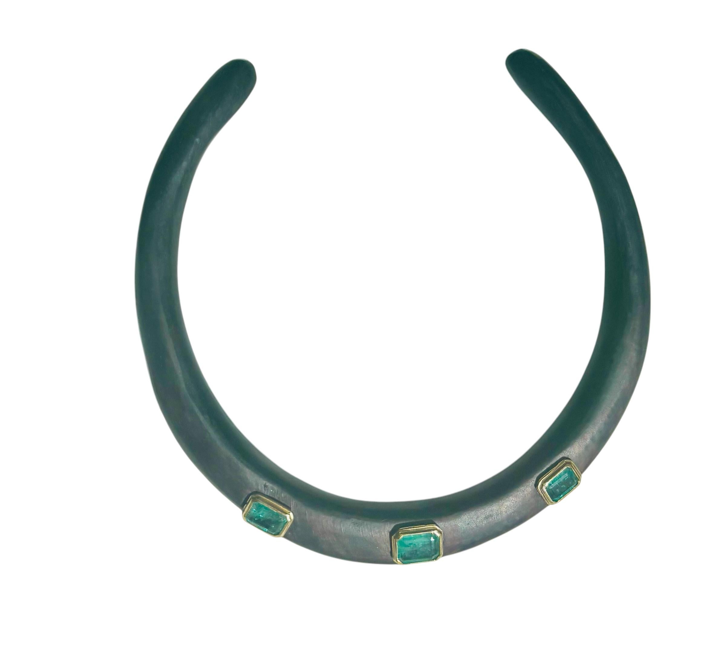 WOOD COLLAR NECKLACE with EMERALDS and 14k GOLD 1