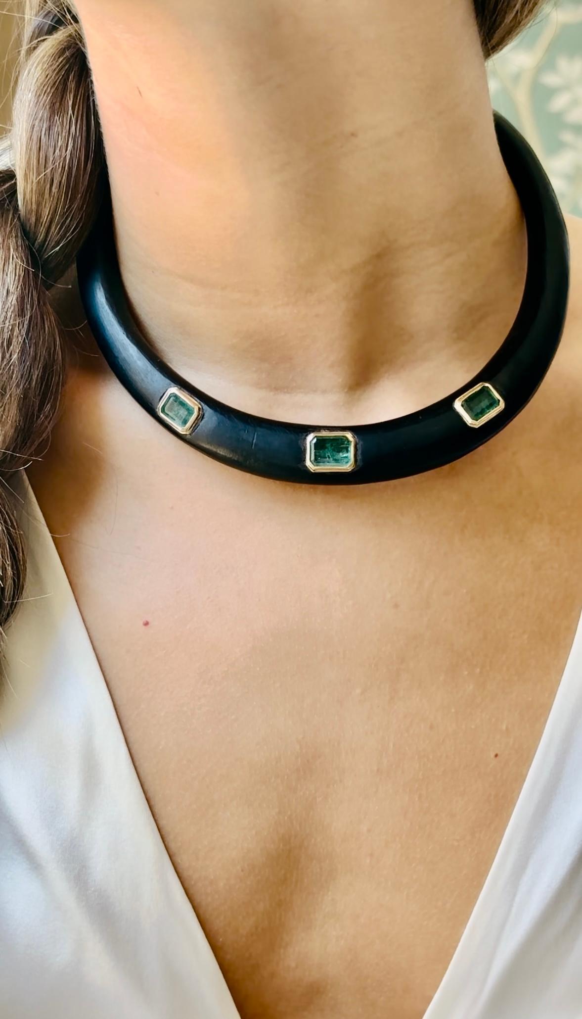 WOOD COLLAR NECKLACE with EMERALDS and 14k GOLD 2