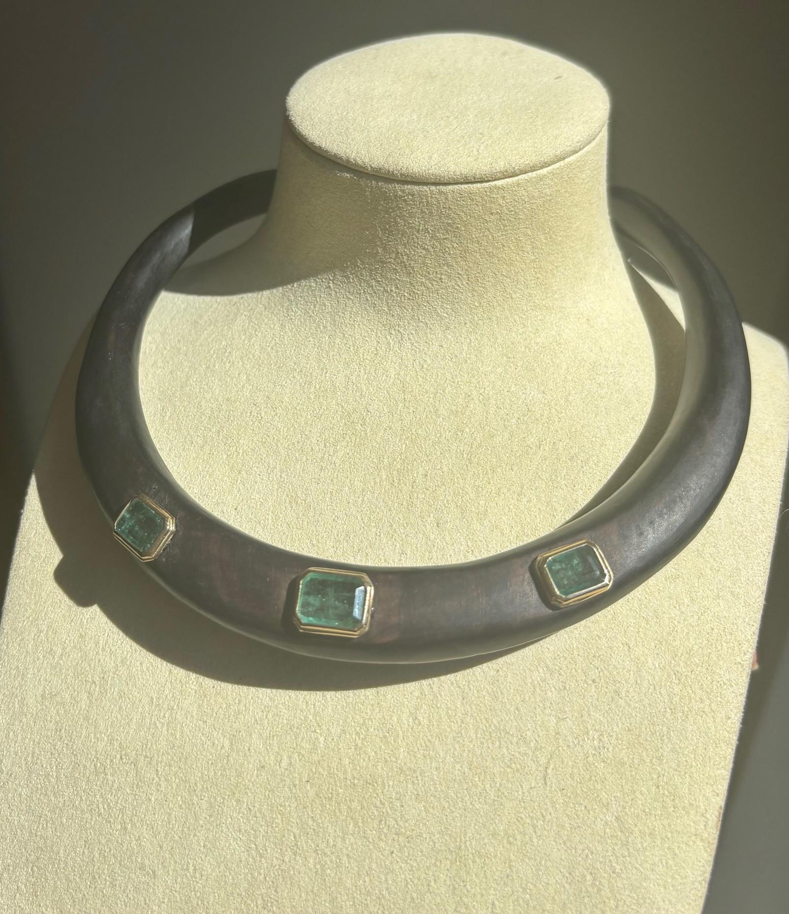 WOOD COLLAR NECKLACE with EMERALDS and 14k GOLD 4
