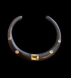 Wood Collar Necklace with Gold Bezeled Citrines, 14k Gold