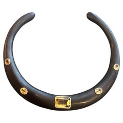 Wood Collar Necklace with Gold Bezeled Citrines, 14k Gold