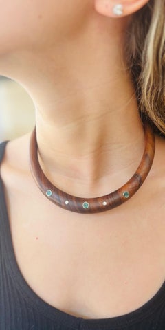 Wood Collar Necklace with Round Emeralds & Diamonds and 14k Gold