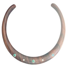 Wood Collar Necklace with Round Emeralds & Diamonds and 14k Gold