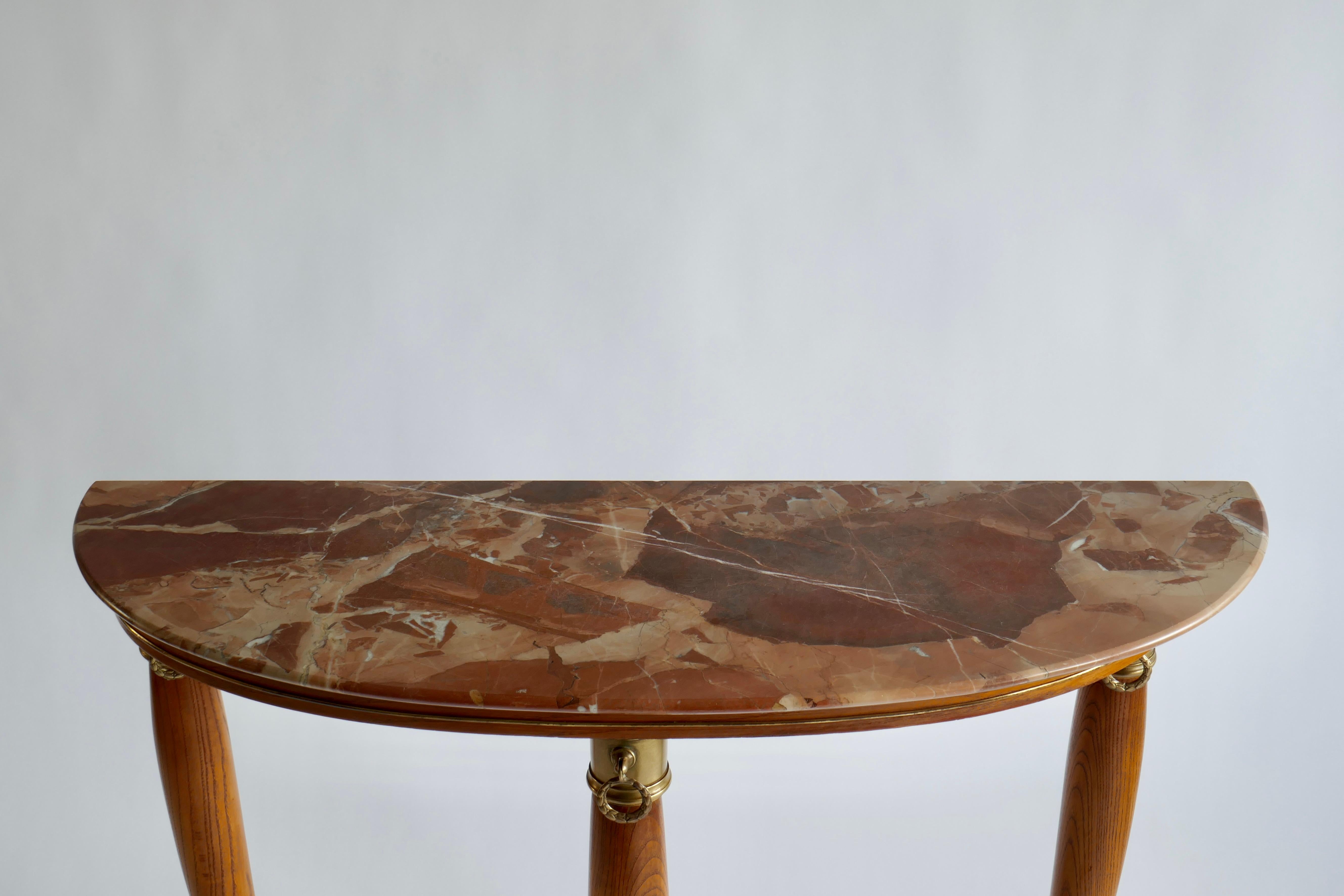 Mid-Century Modern Wood Console Table with Breccia Marble Top and Brass Details, Italy, 1950s