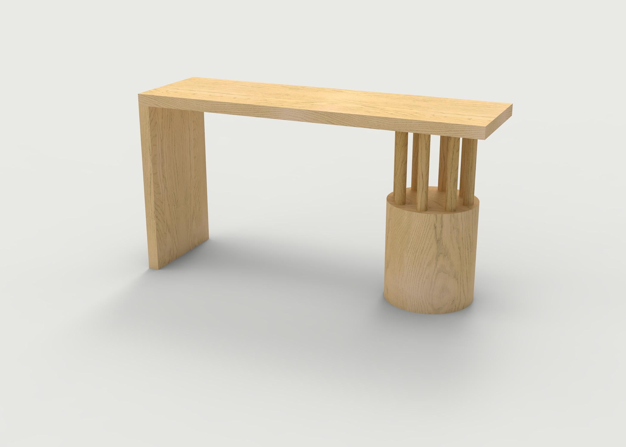 Contemporary Wood Console Table with Solid Top and Round Base with Posts For Sale