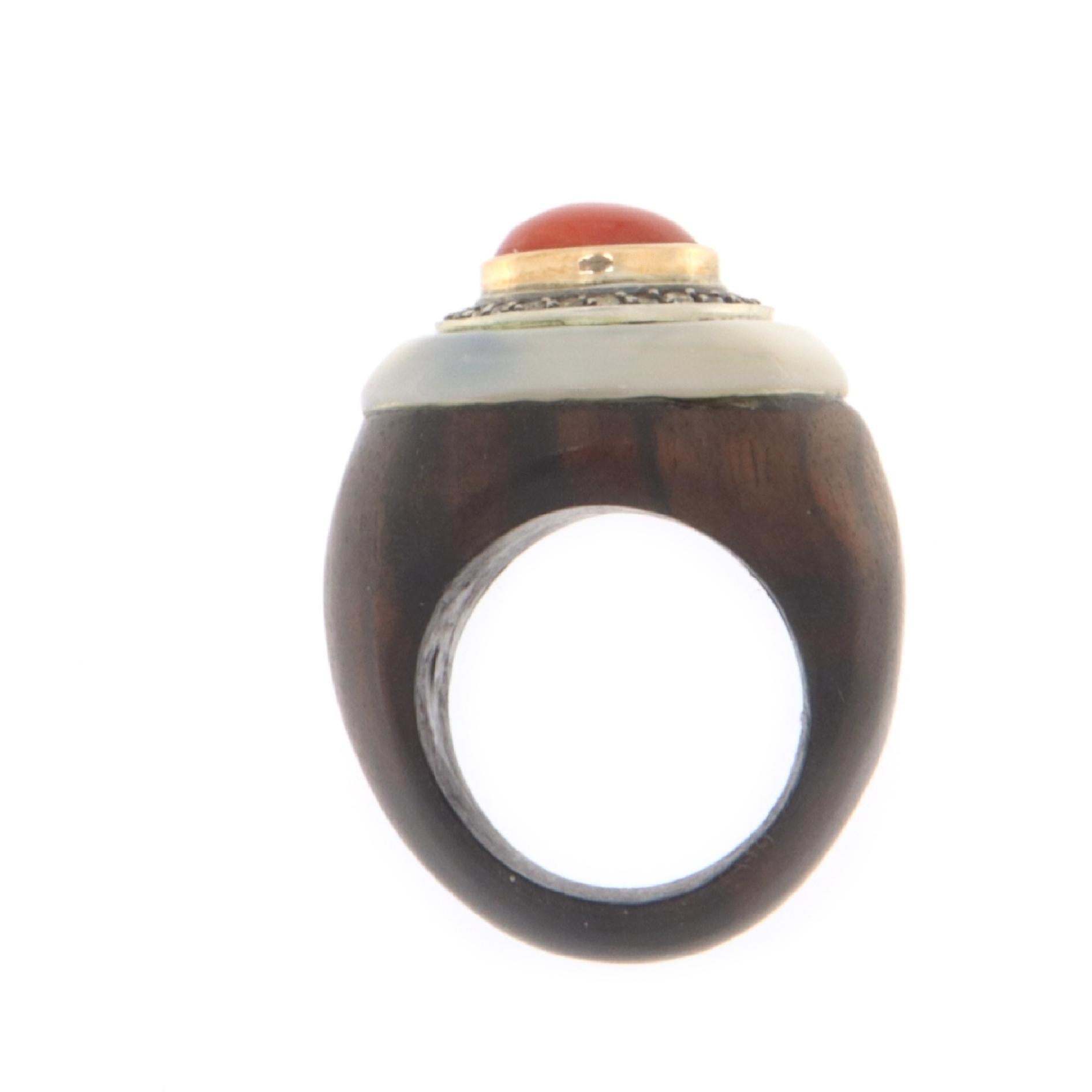 Artisan Wood Coral Diamonds Mother of Pearl Silver Yellow Gold 14 Karat Cocktail Ring   For Sale