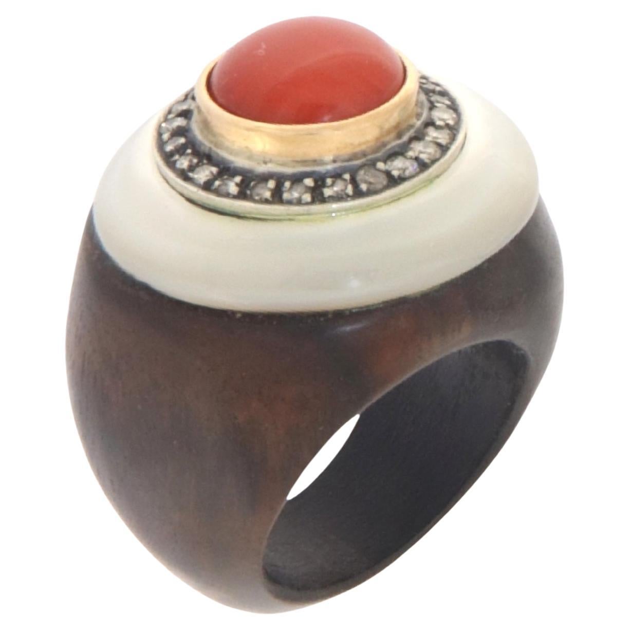 Wood Coral Diamonds Mother of Pearl Silver Yellow Gold 14 Karat Cocktail Ring   For Sale