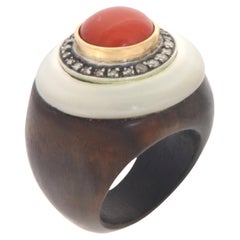 Vintage Wood Coral Diamonds Mother of Pearl Silver Yellow Gold 14 Karat Cocktail Ring  