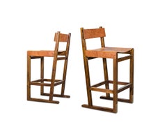 Taburete de madera con asiento de cuero y bronce de Costantini, Piero