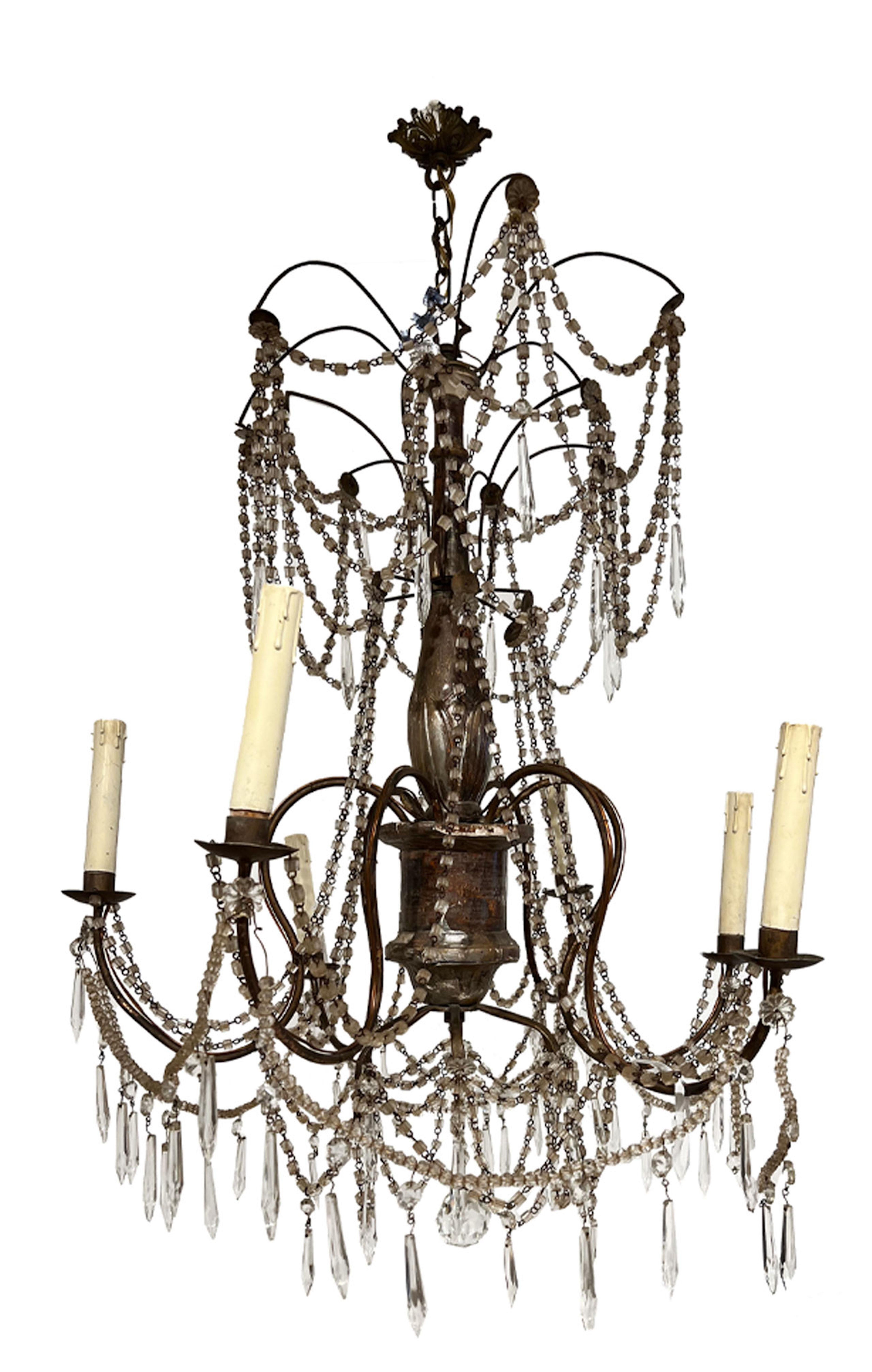 Wood & Crystal Chandeliers, Pair, 19th Century In Fair Condition In New Orleans, LA