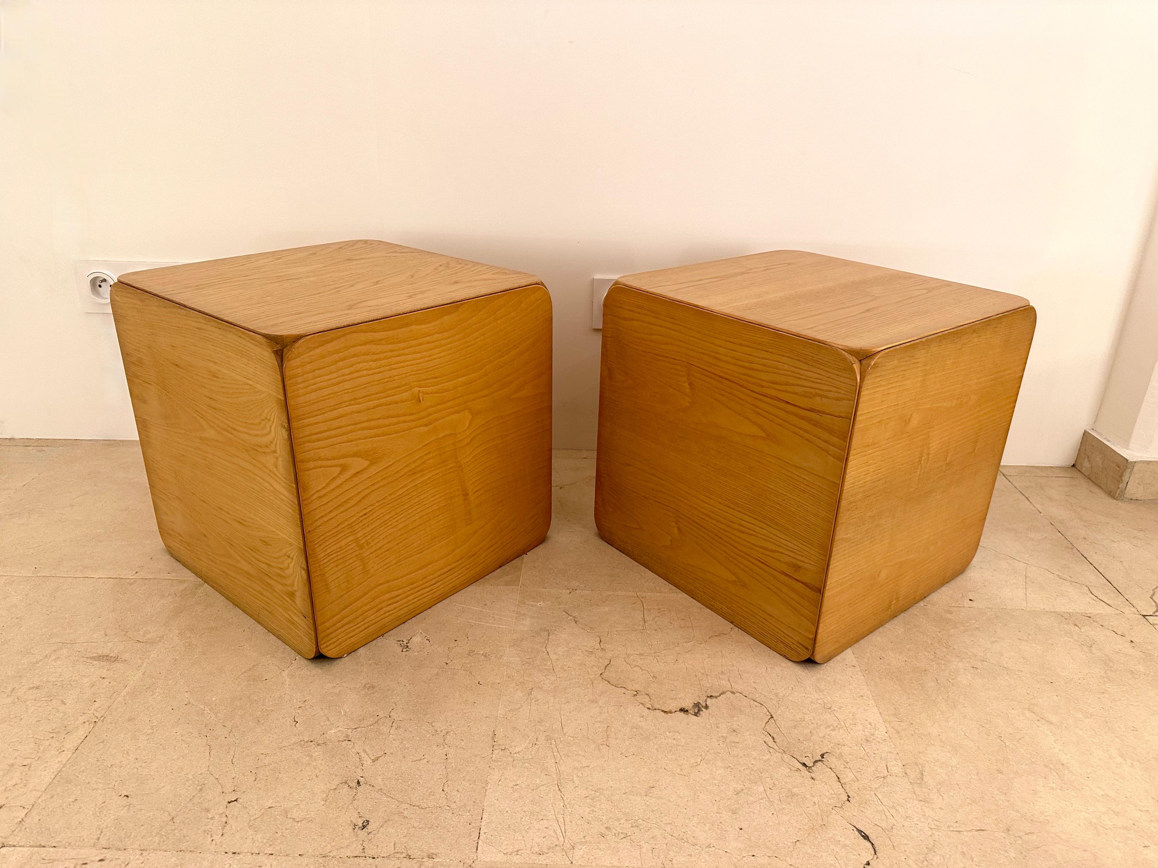 Mid-Century Modern Wood Cube Stool Samara by Derk Jan de Vries for Maisa di Seveso. Italy, 1970s For Sale
