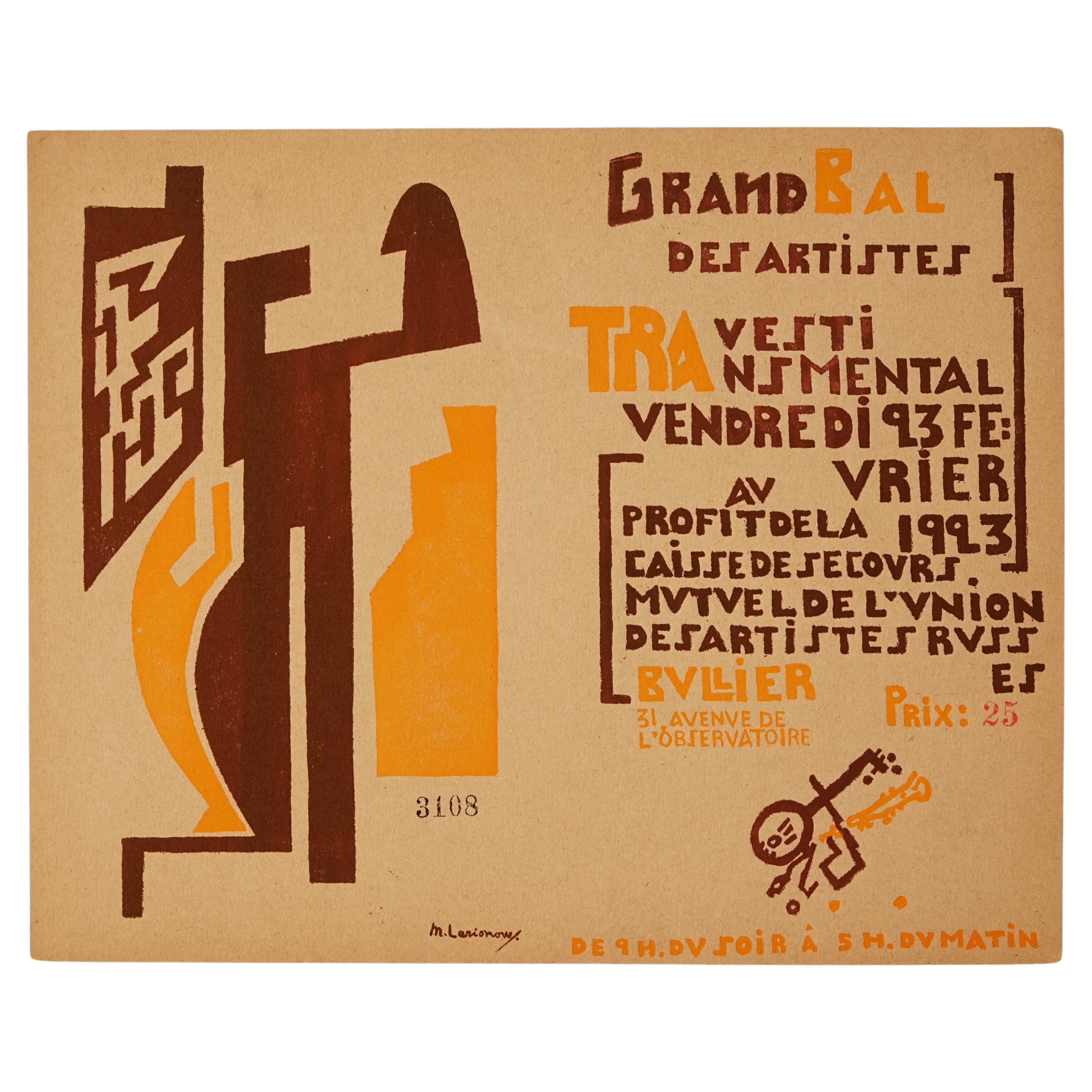 Billete de entrada tallado en madera Grand Bal Des Artistes 1923 por Michel Larionov en venta