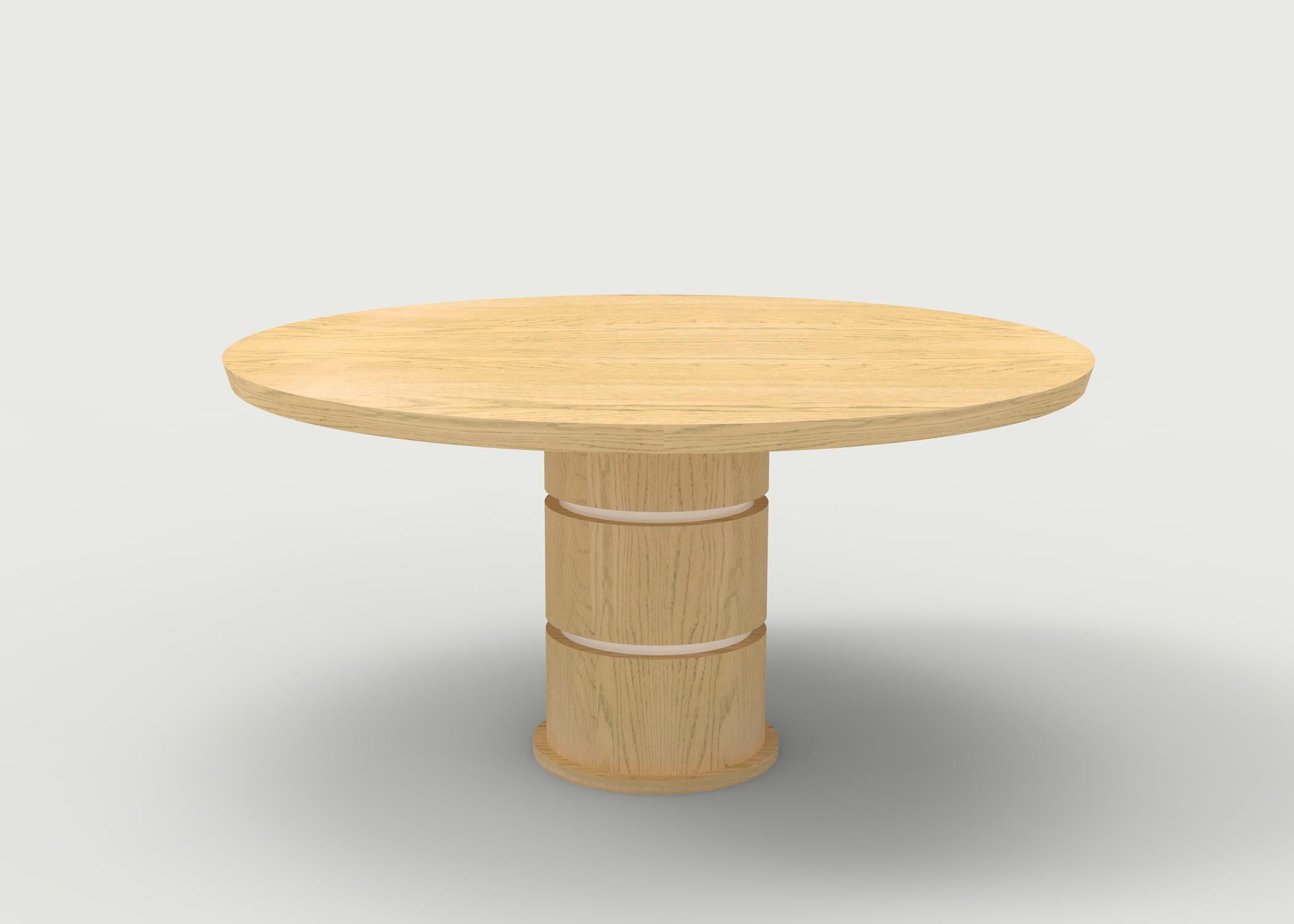 American Wood dining table with solid top and cylindrical base with special cut details For Sale