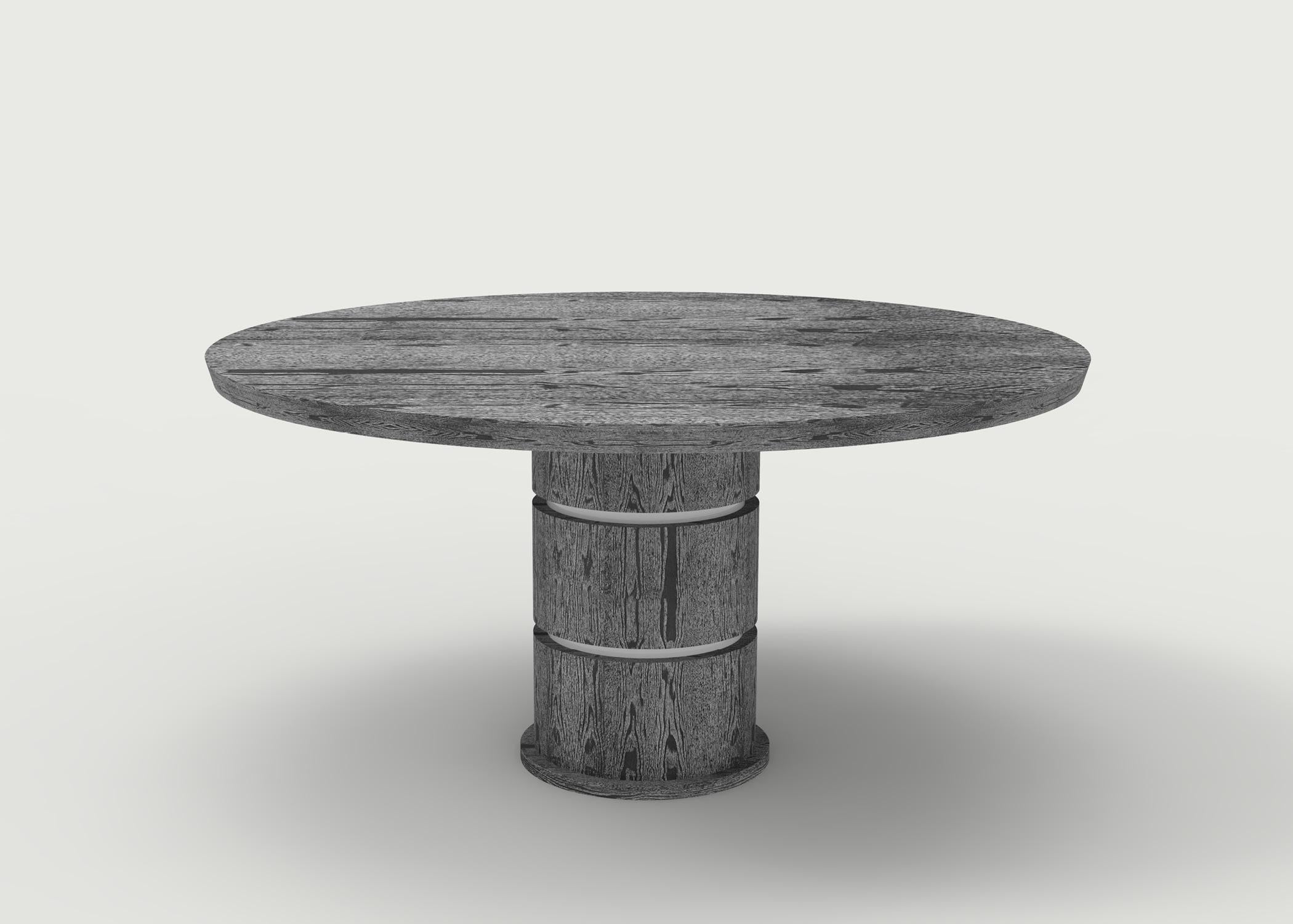 Hand-Carved Wood dining table with solid top and cylindrical base with special cut details For Sale