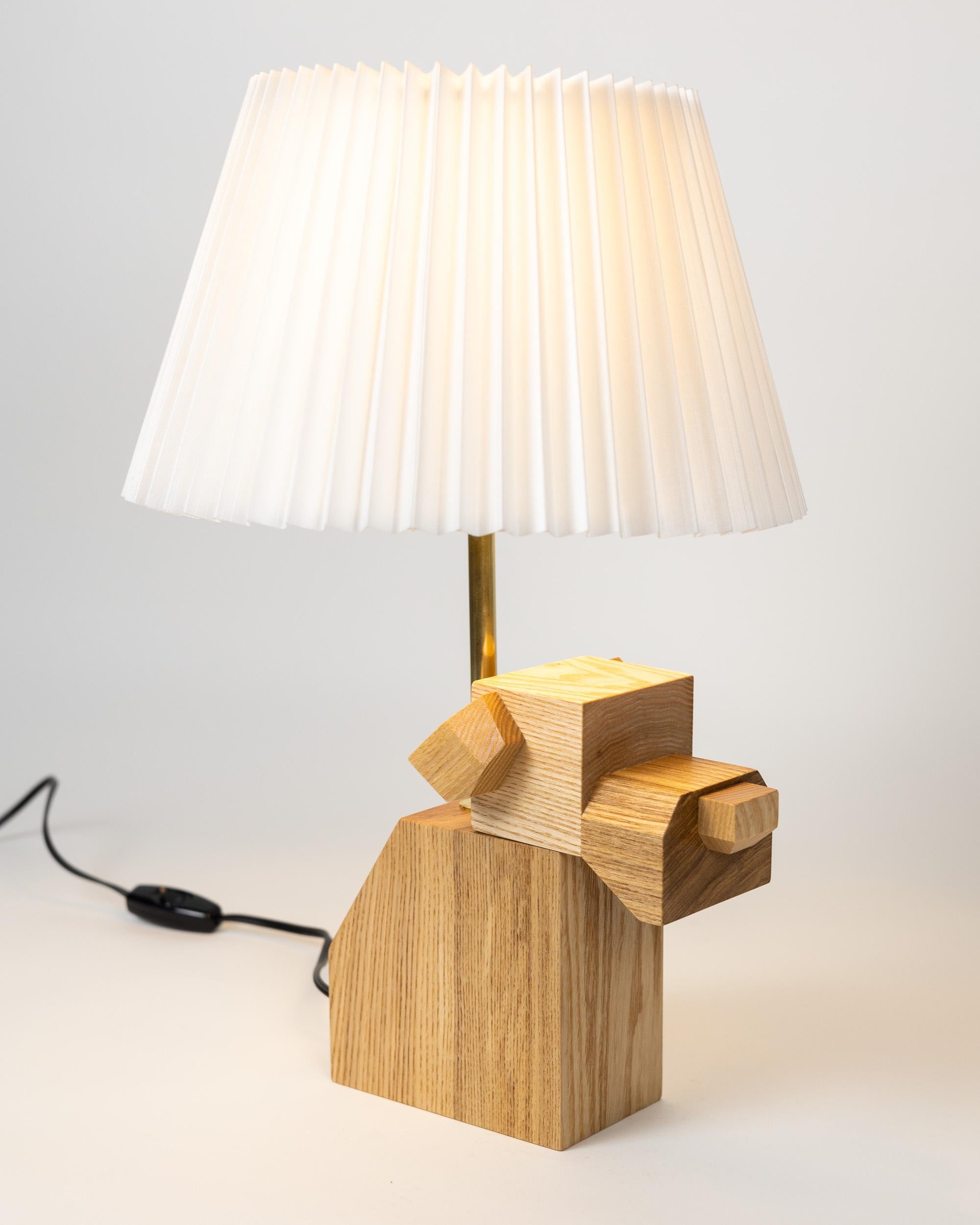 Modern Wood DOGGY Table Lamp with White Fabric Shade, hand-crafted, hardwood For Sale