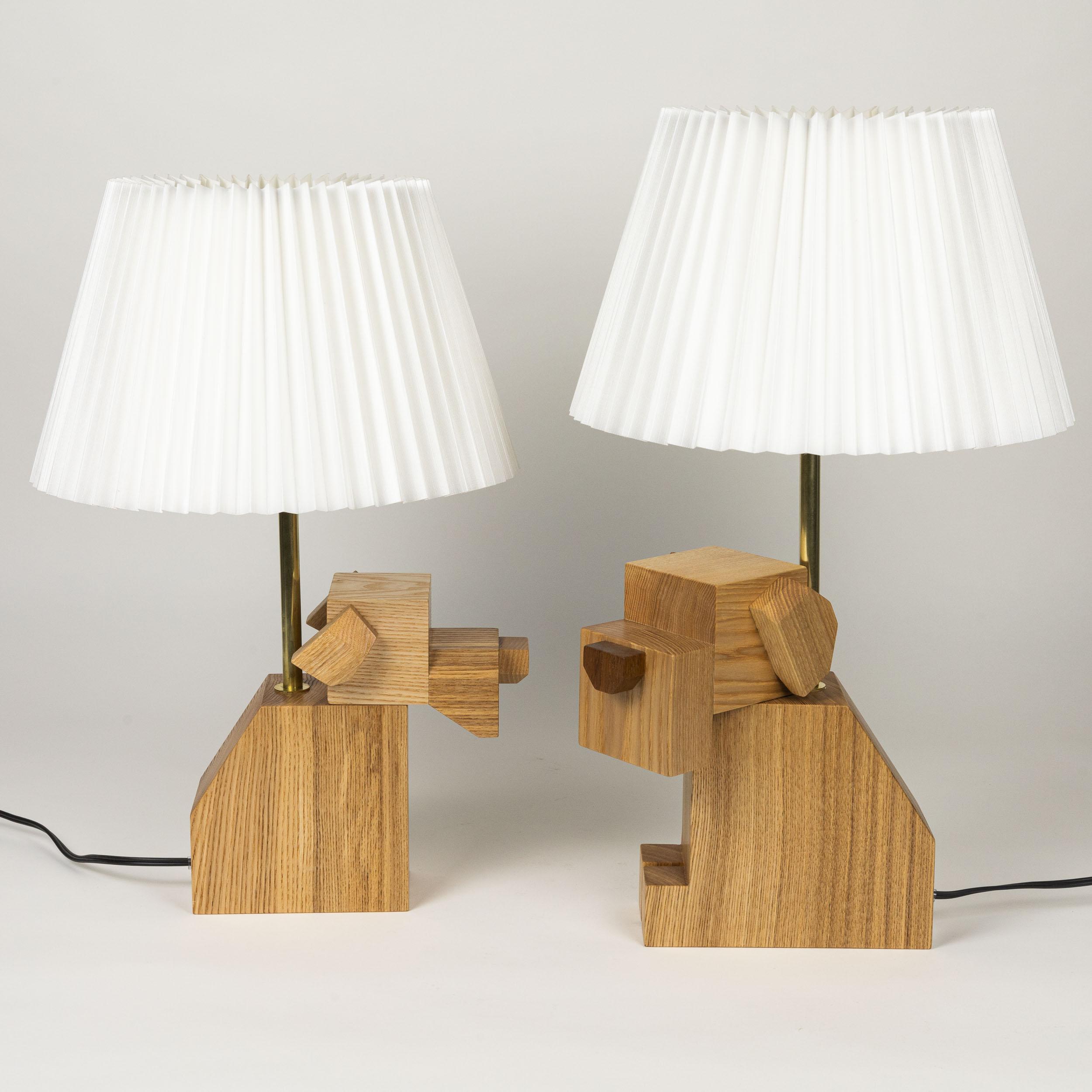 Hand-Crafted Wood DOGGY Table Lamp with White Fabric Shade, hand-crafted, hardwood For Sale
