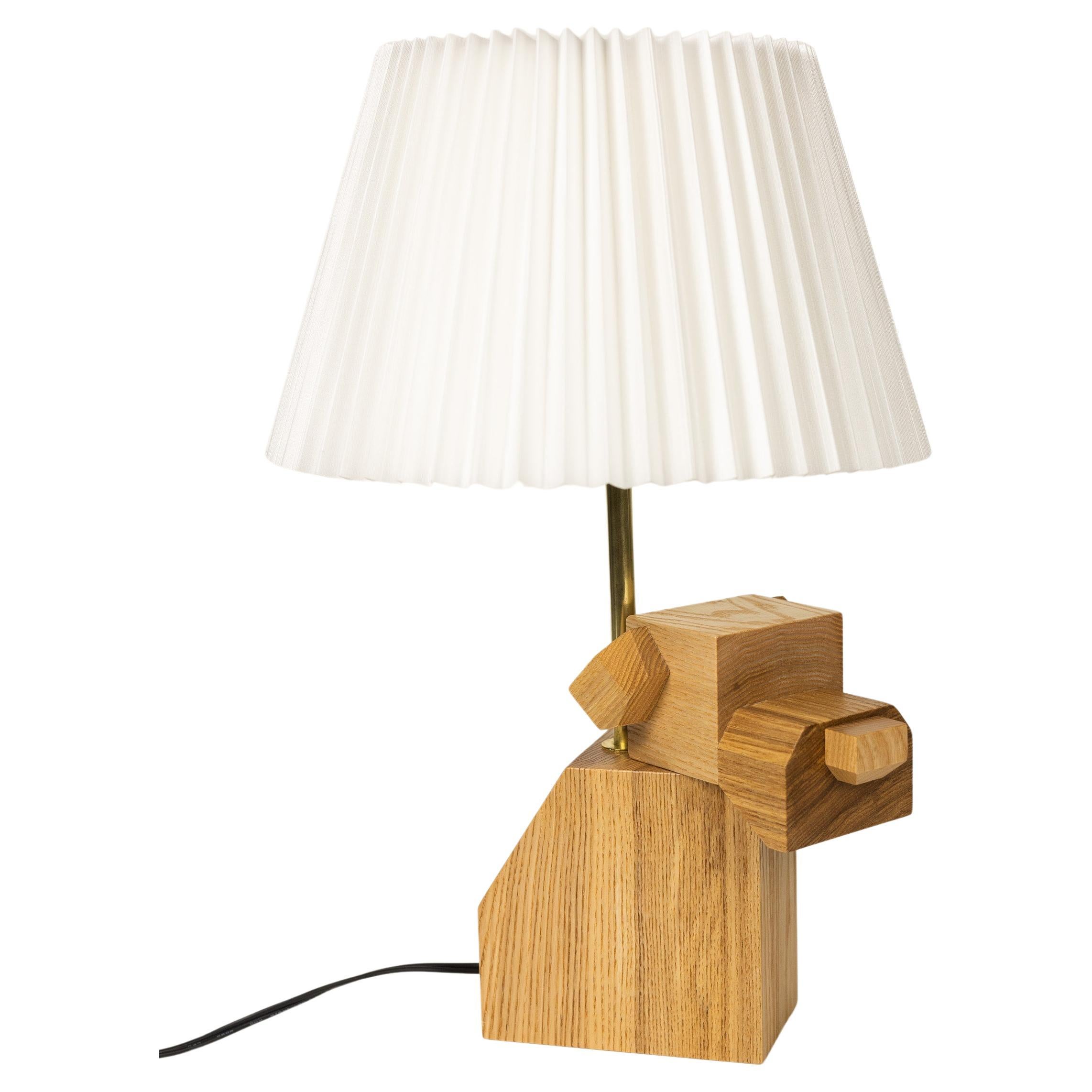 Wood DOGGY Table Lamp with White Fabric Shade, hand-crafted, hardwood For Sale