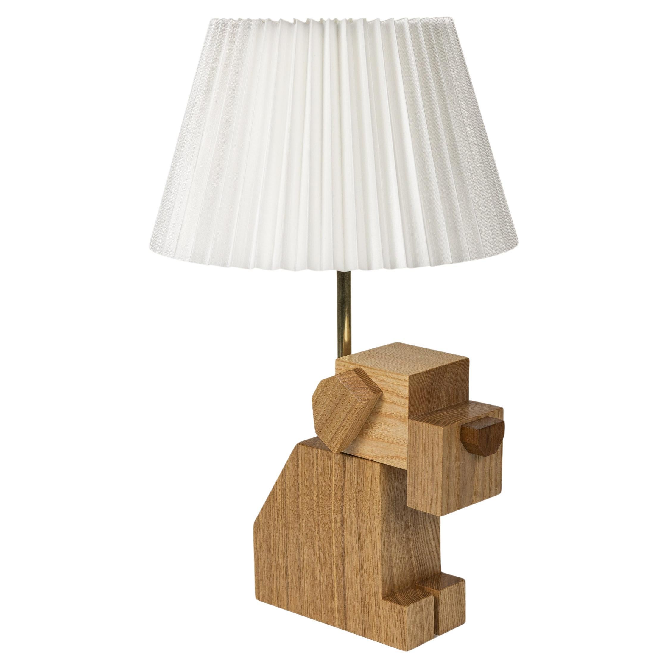 Wood DOGGY Table Lamp with White Fabric Shade, hand-crafted, hardwood For Sale