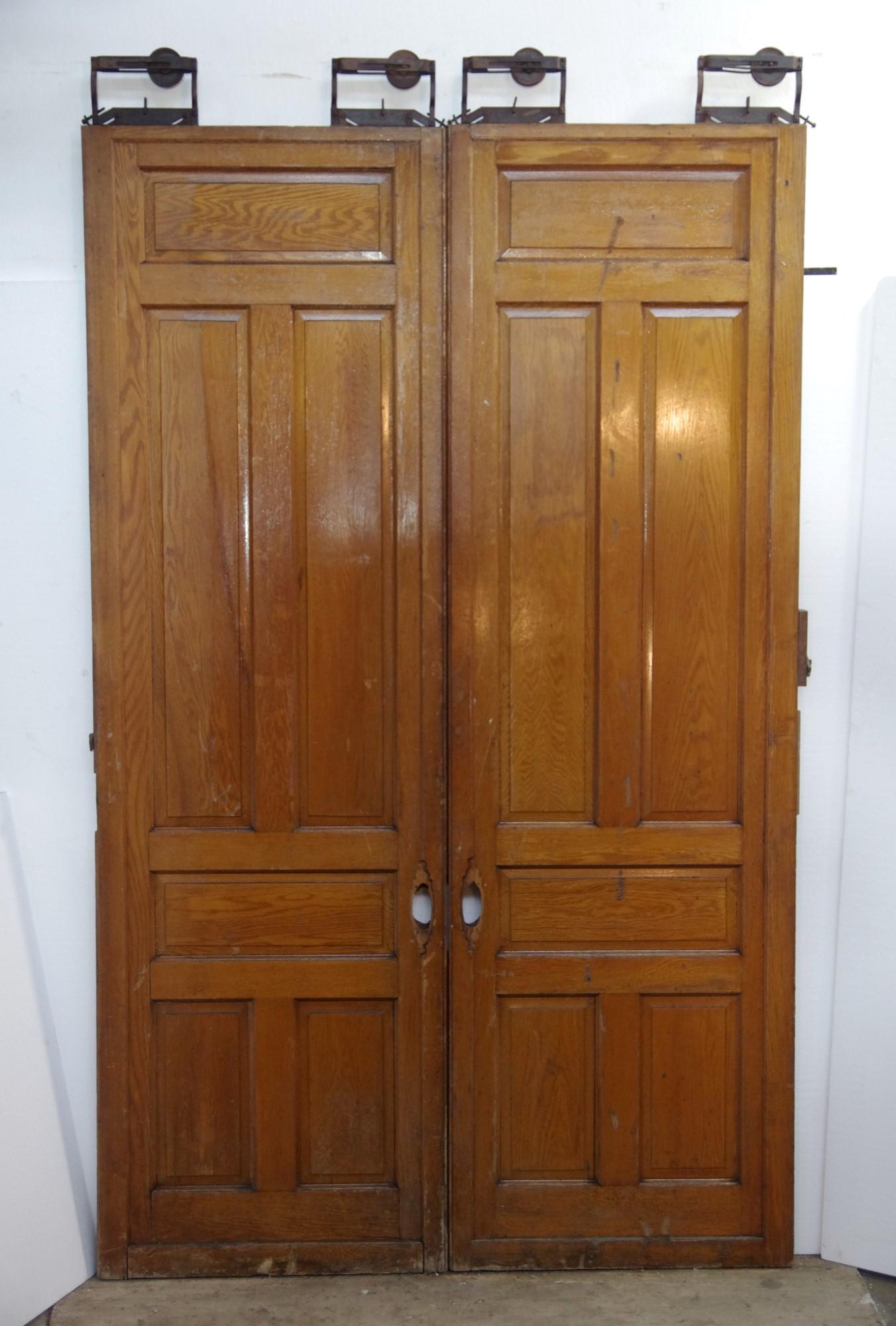 Wood Double Pocket Doors w/ 6 Panes & Original Wheels, Circa 1900 In Good Condition In New York, NY