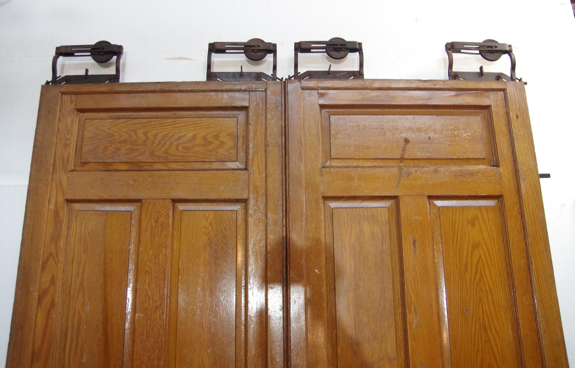 20th Century Wood Double Pocket Doors w/ 6 Panes & Original Wheels, Circa 1900