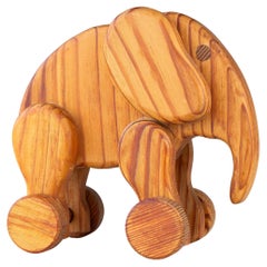 Vintage Wood Elephant Decorative Push Toy on Wheels 1960s