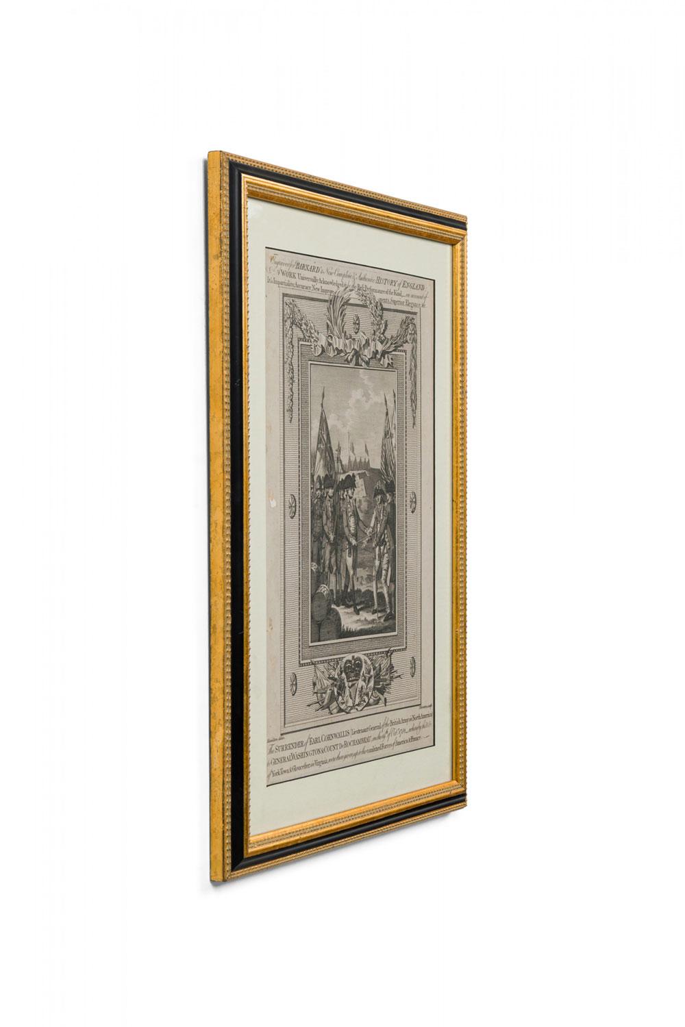 Amerikanischer Stich der Kapitulation von Cornwallis, der zeigt, wie Cornwallis und seine Truppen George Washington und einem anderen Kommandeur im Feldlager das Schwert überreichen, in einem vergoldeten Holzrahmen und beigem Passepartout (verwandt