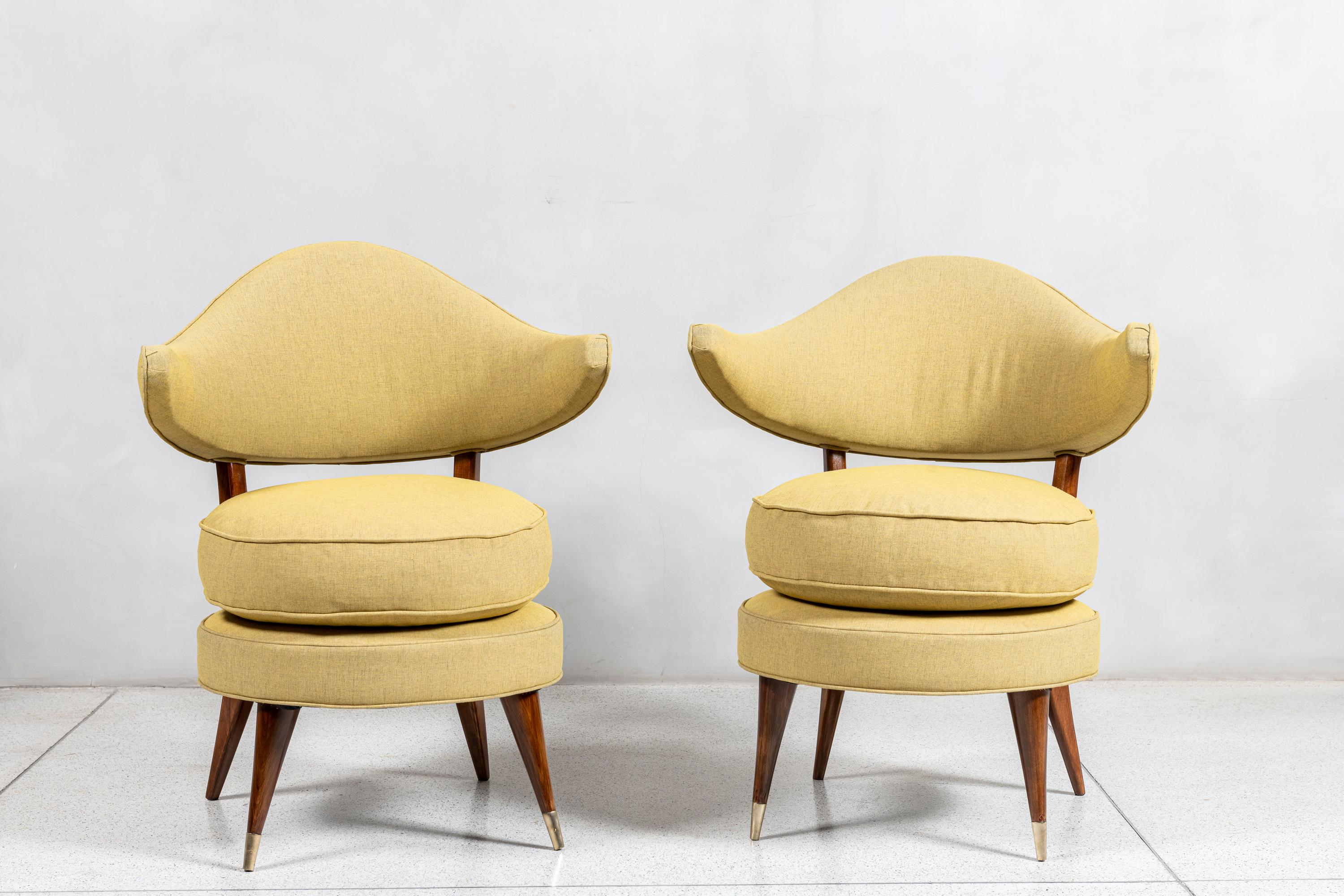 Wood, fabric and bronze pair of armchairs in the style of Karpen of California, circa 1960.