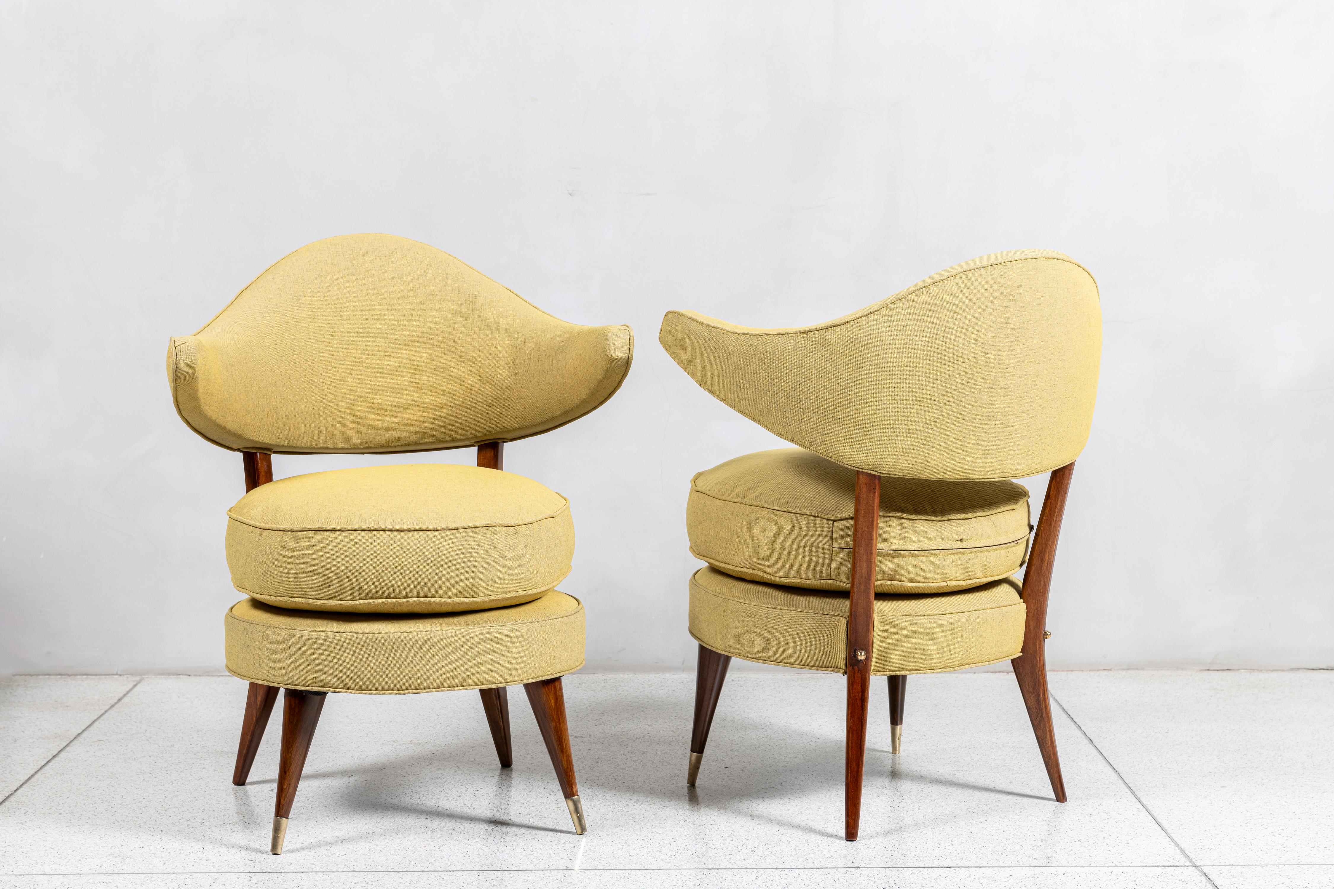 Mid-Century Modern Wood, fabric and bronze pair of armchairs in the style of Karpen of California For Sale