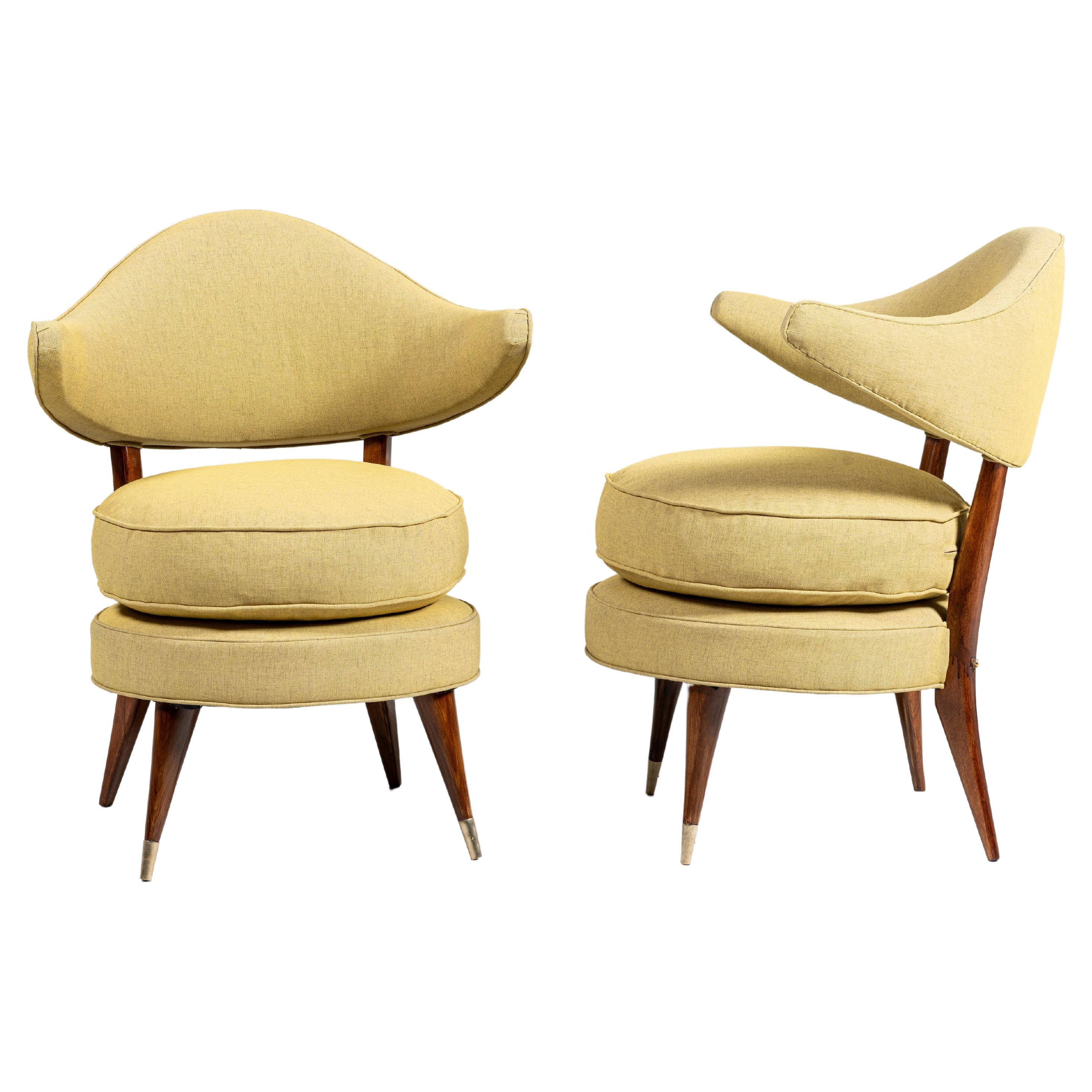 Wood, fabric and bronze pair of armchairs in the style of Karpen of California For Sale