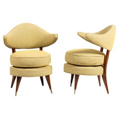 Wood, fabric and bronze pair of armchairs in the style of Karpen of California