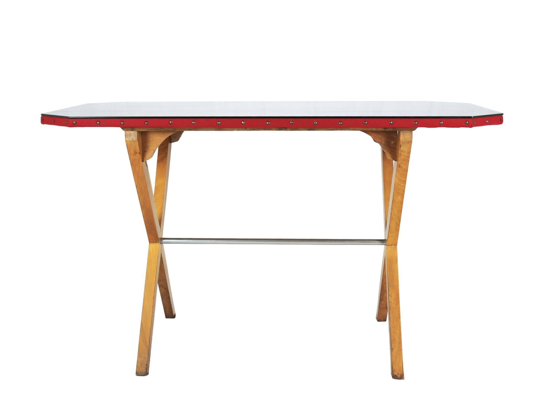 Mid-Century Modern Wood, Fabric and Glass Italian 1940s Rationalist Desk For Sale