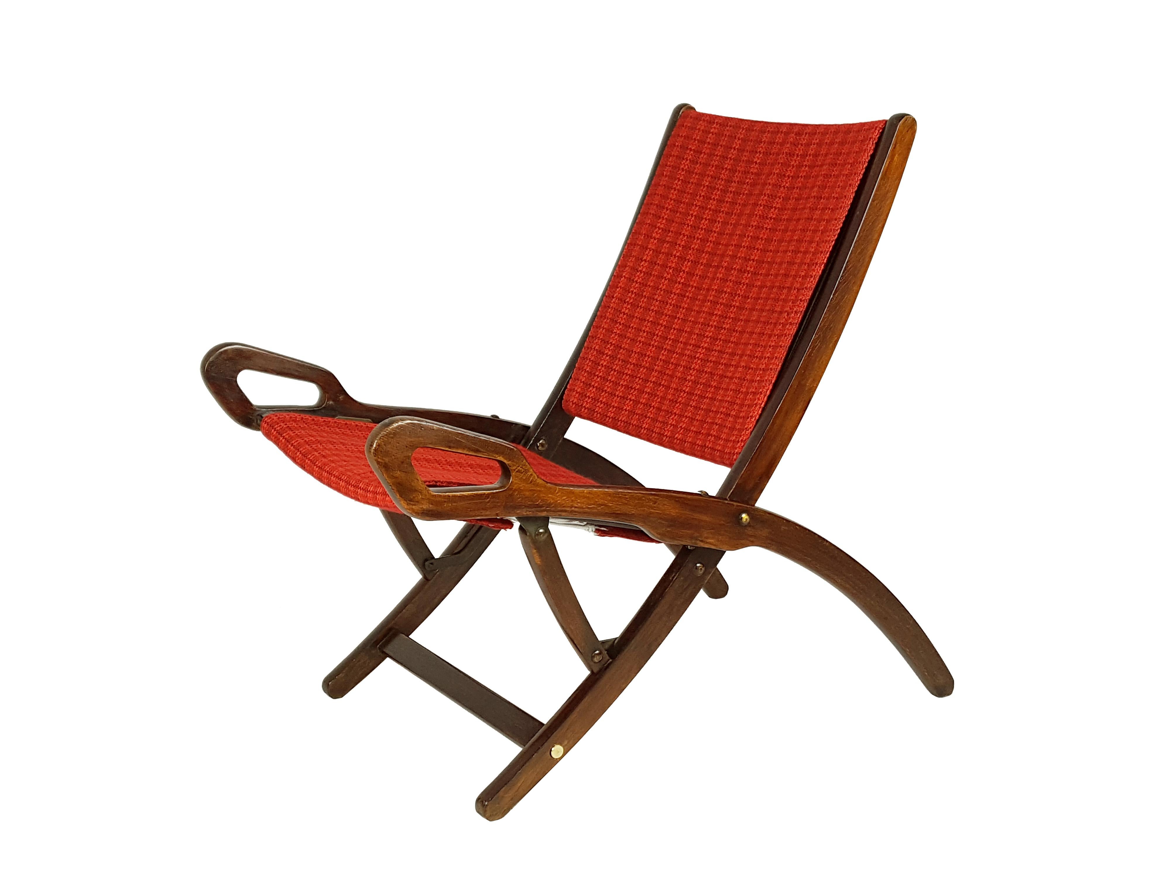 Brass Wood & fabric Mid Century Modern folding chair Ninfea by Gio Ponti for Reguitti For Sale