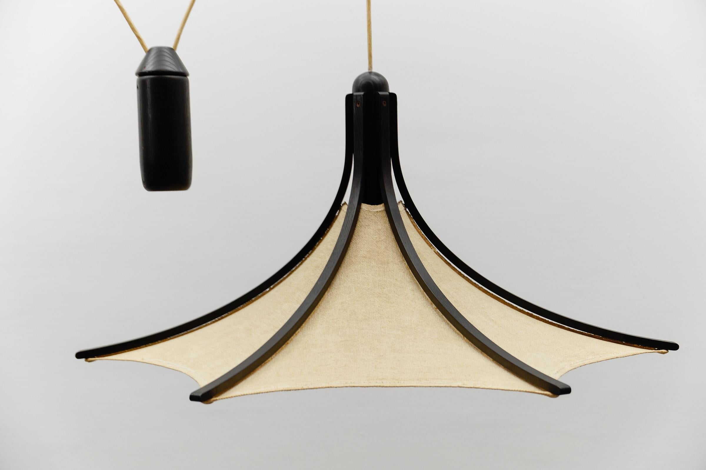 Wood & Fabric Shade Adjustable Counterweight Pendant Lamp by Domus, 1970s, Italy 6