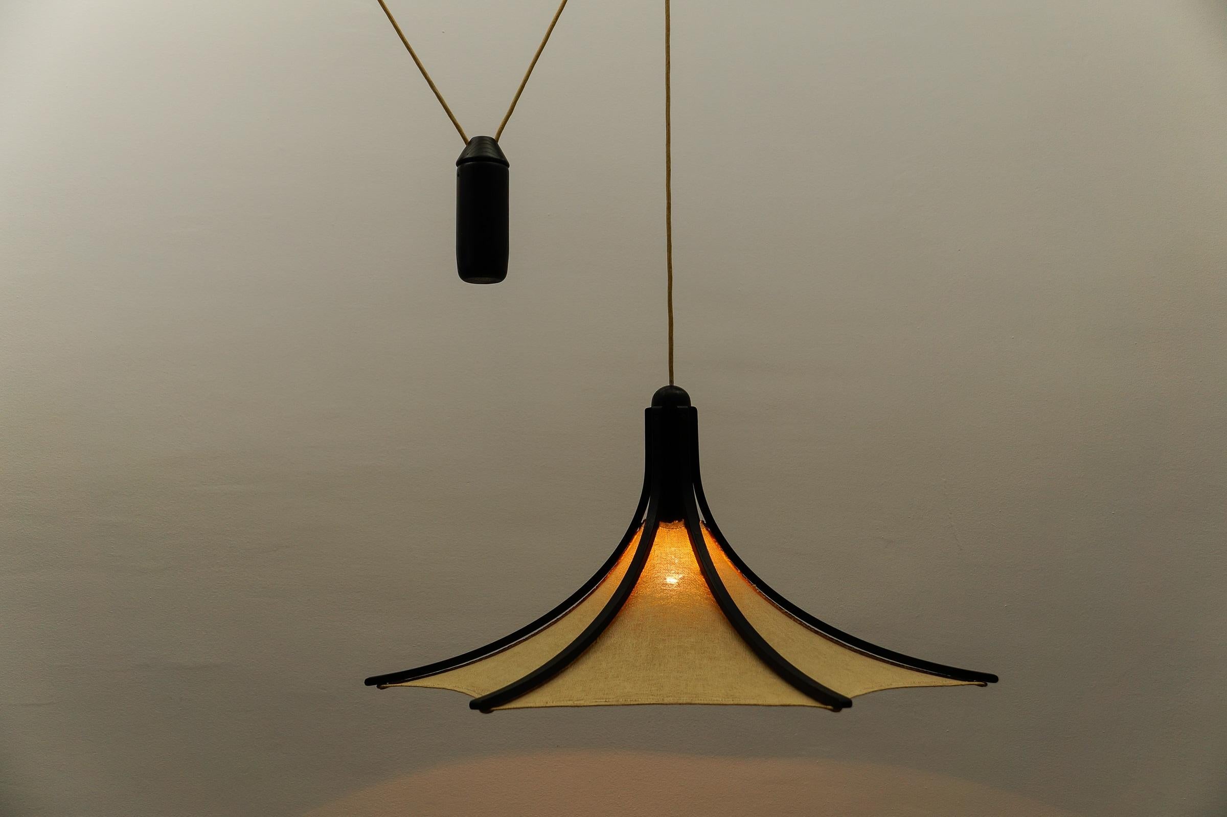 Wood & Fabric Shade Adjustable Counterweight Pendant Lamp by Domus, 1970s, Italy 7