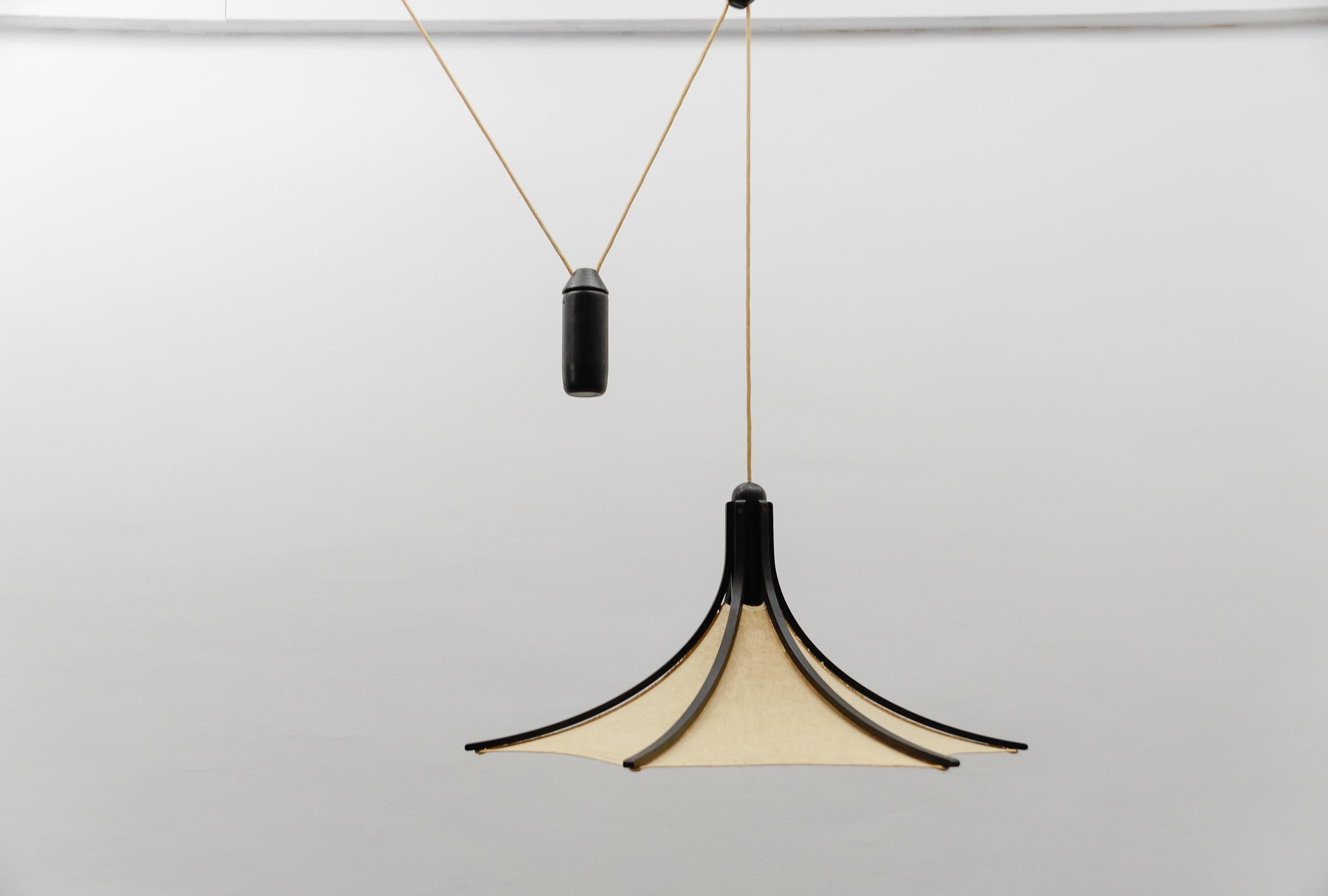 Wood & Fabric Shade Adjustable Counterweight Pendant Lamp by Domus, 1970s, Italy 1