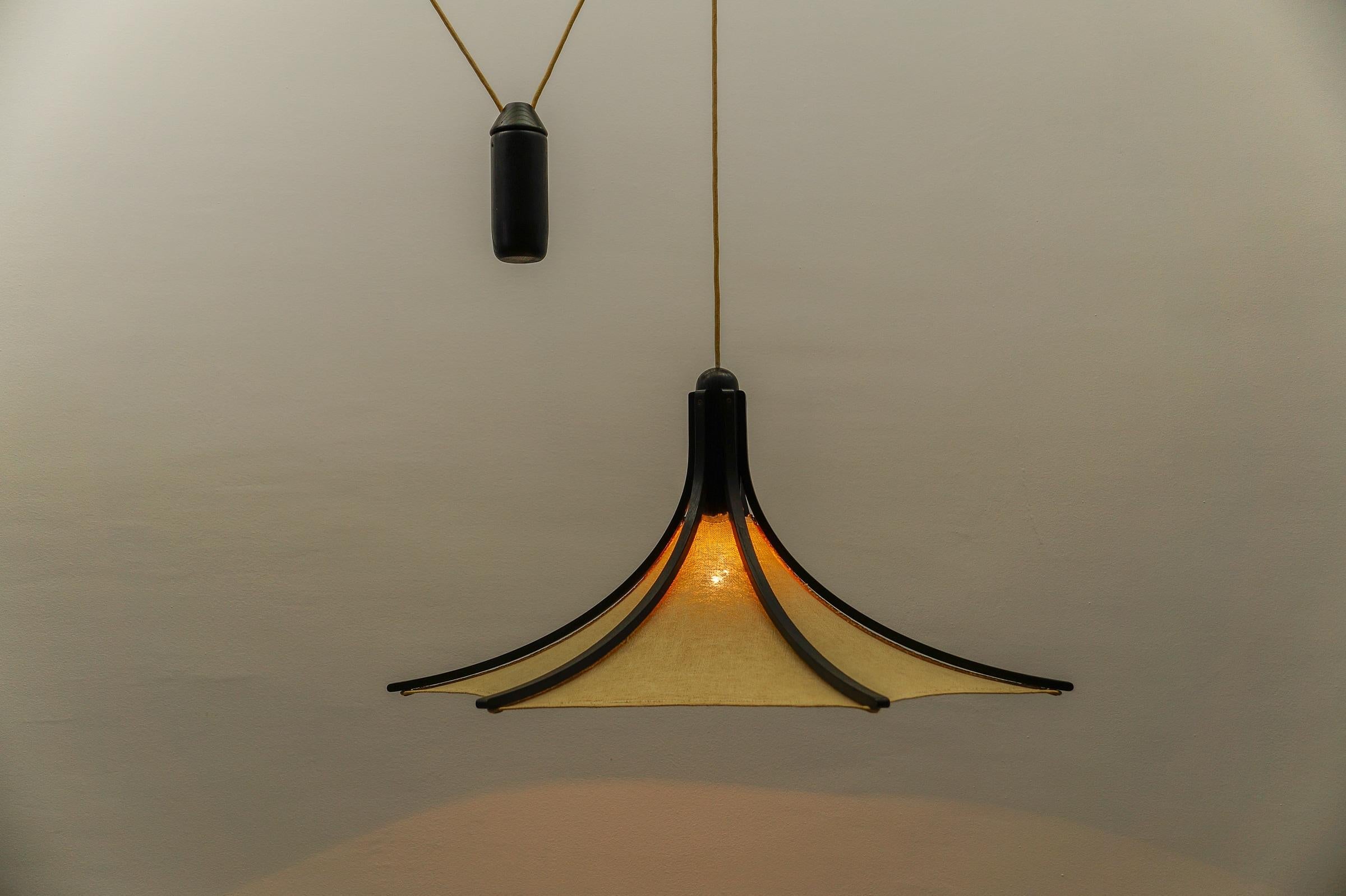 Wood & Fabric Shade Adjustable Counterweight Pendant Lamp by Domus, 1970s, Italy 2