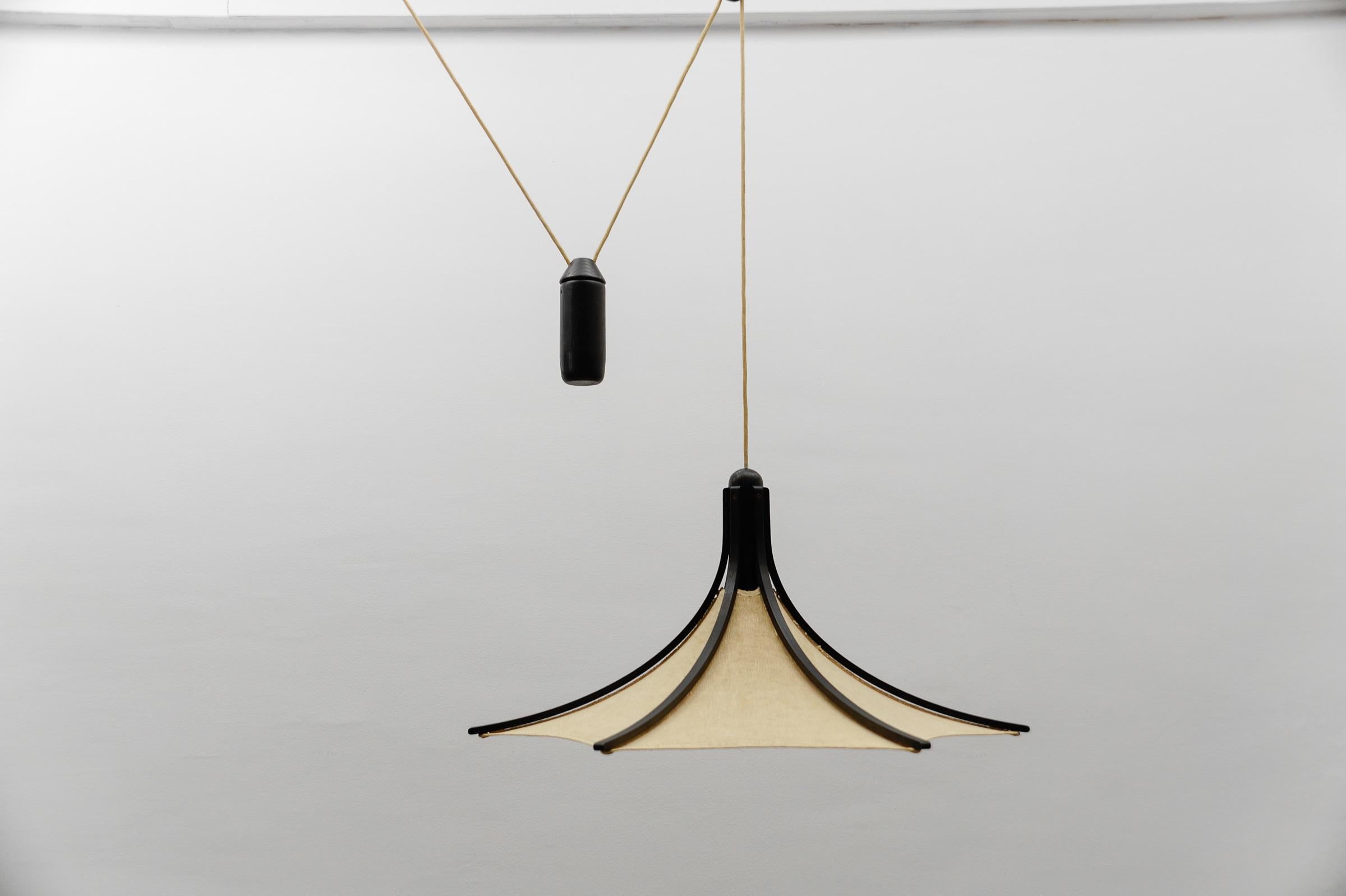 Wood & Fabric Shade Adjustable Counterweight Pendant Lamp by Domus, 1970s, Italy 3