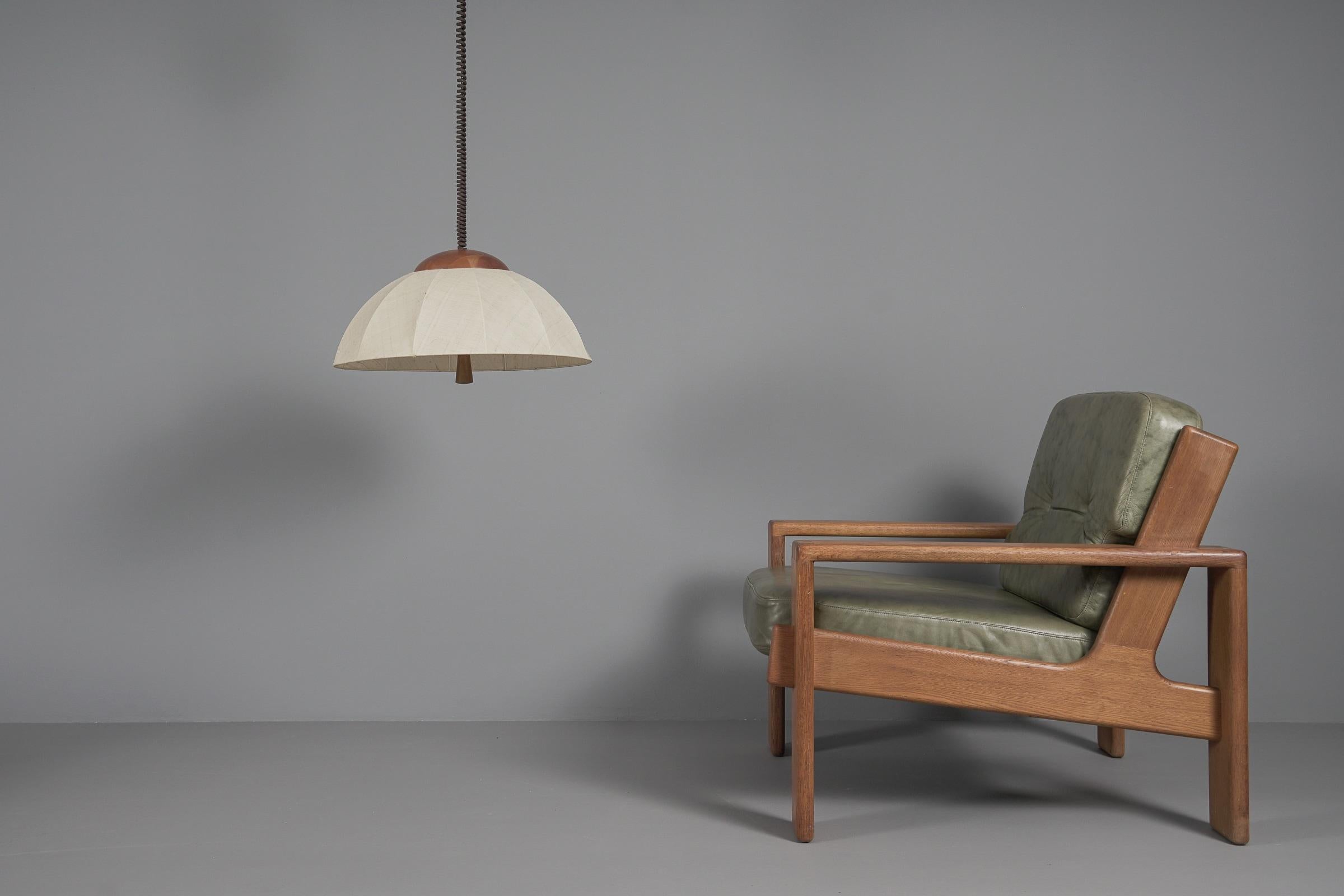 Mid-Century Modern Wood & Fabric Shade Adjustable Pendant Lamp by Domus, 1970s, Italy