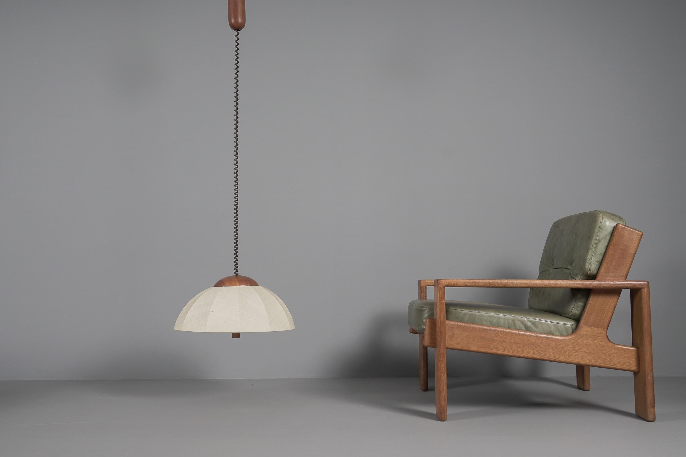 Italian Wood & Fabric Shade Adjustable Pendant Lamp by Domus, 1970s, Italy