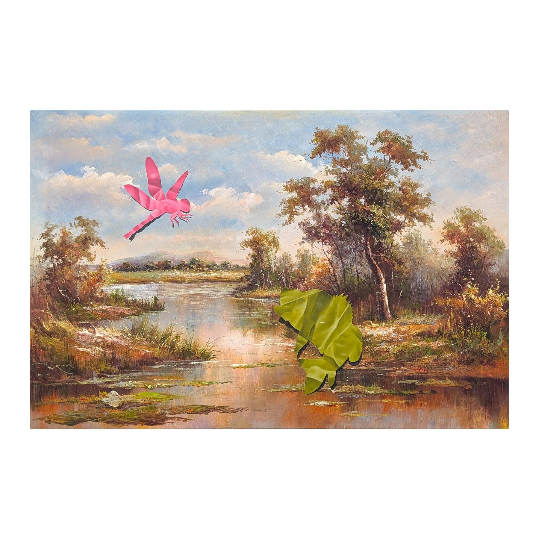 “A Quick Lunch” Contemporary Trompe L'oeil Papercut Green Fish Painting - Brown Landscape Painting by Wood Fancher Anthony