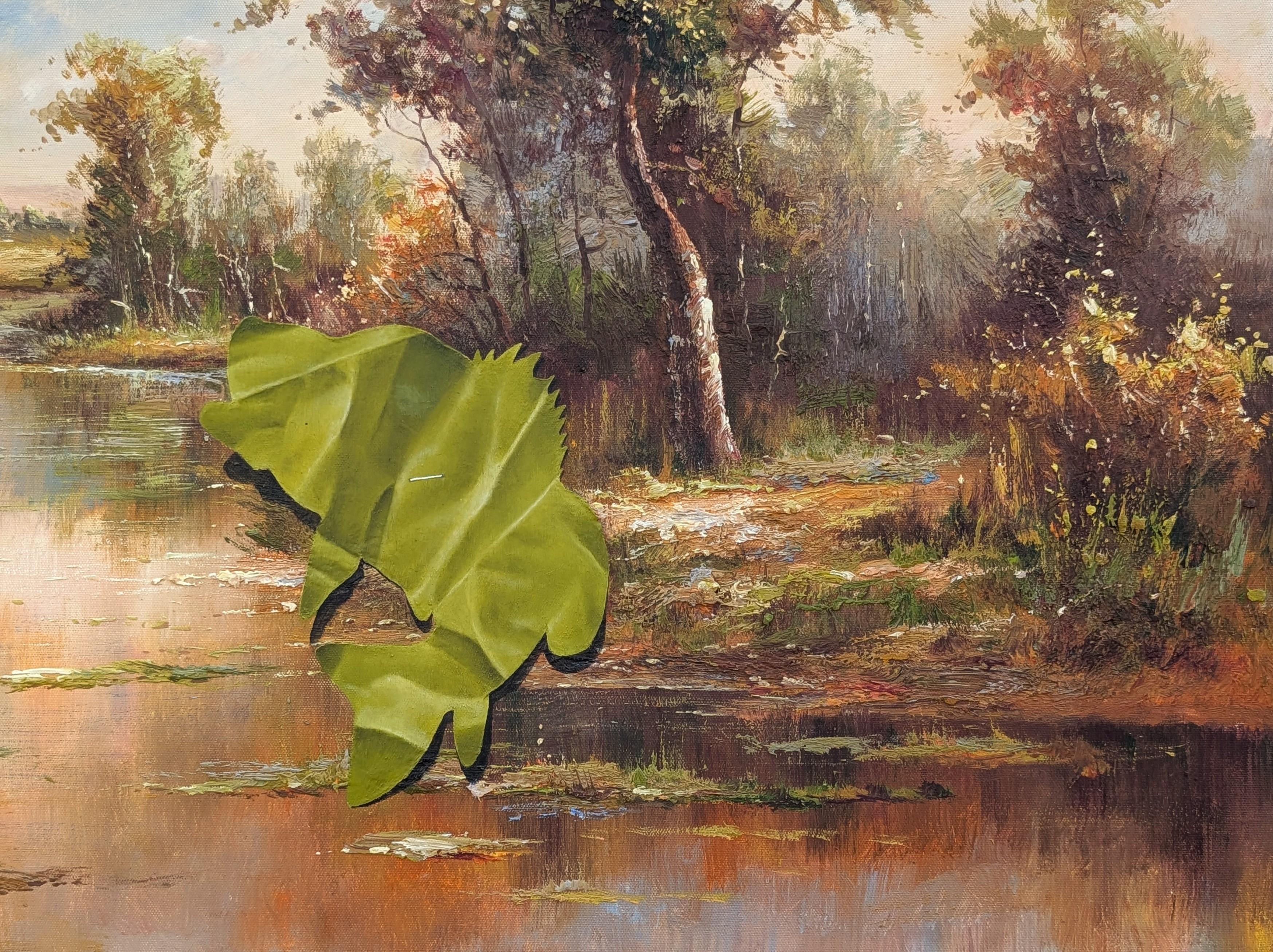 “A Quick Lunch” Contemporary Trompe L'oeil Papercut Green Fish Painting For Sale 2