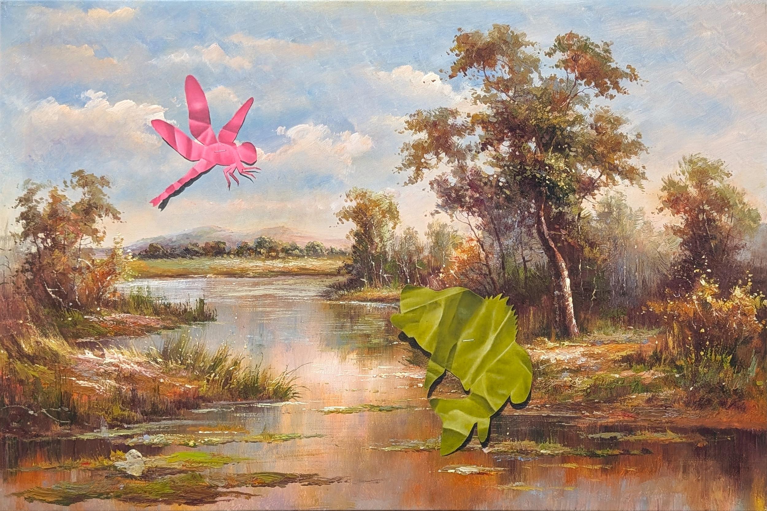 Wood Fancher Anthony Landscape Painting - “A Quick Lunch” Contemporary Trompe L'oeil Papercut Green Fish Painting