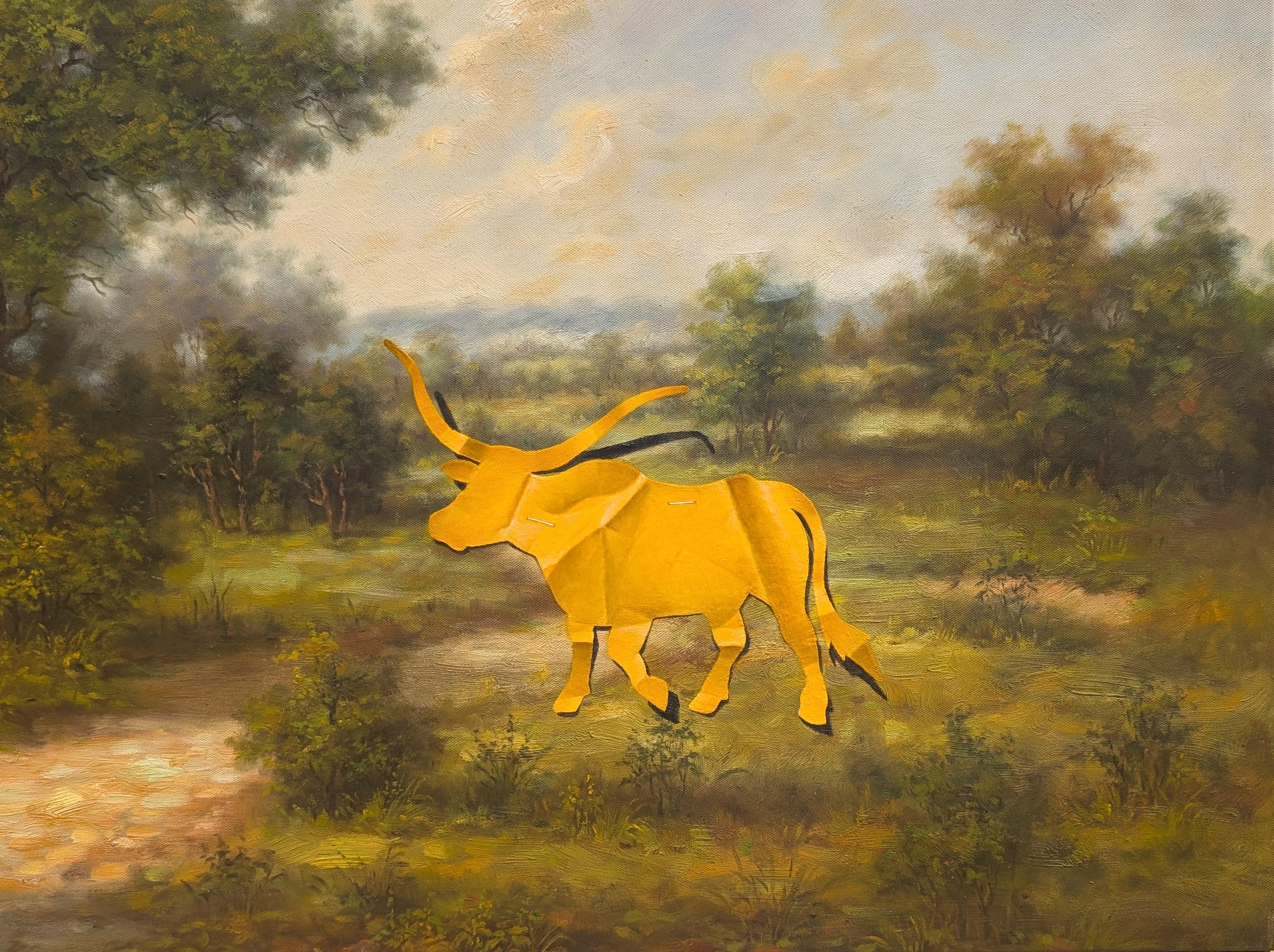 Zeitgenössische surreale Landschaftsmalerei des in Texas lebenden Künstlers Wood Fancher Anthony. Das Werk zeigt Trompe L'Oeil oder 