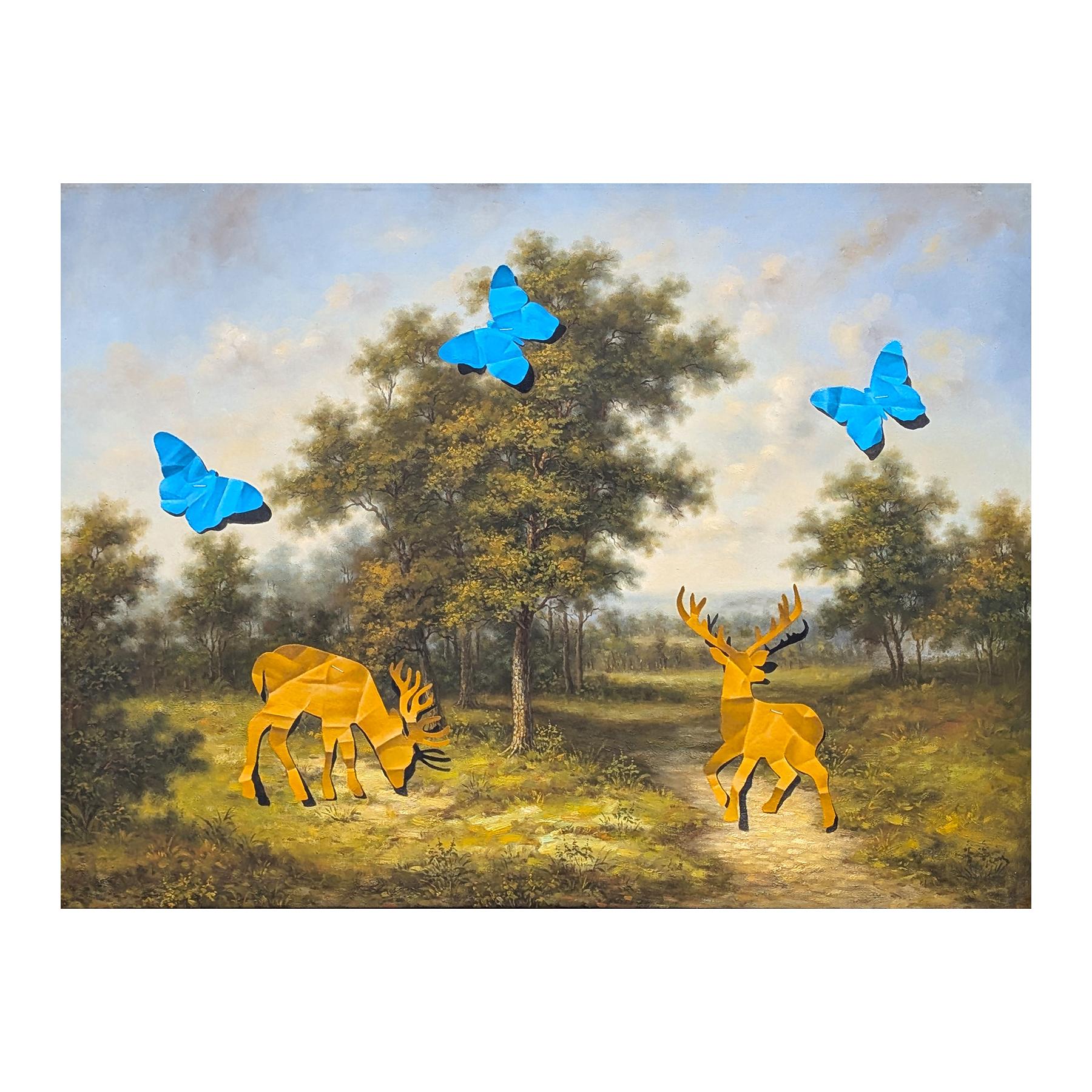 Zeitgenössisches Trompe L'Oeil-Gelbes Reh und blaue Schmetterlinge Scherenschnitt-Gemälde – Painting von Wood Fancher Anthony